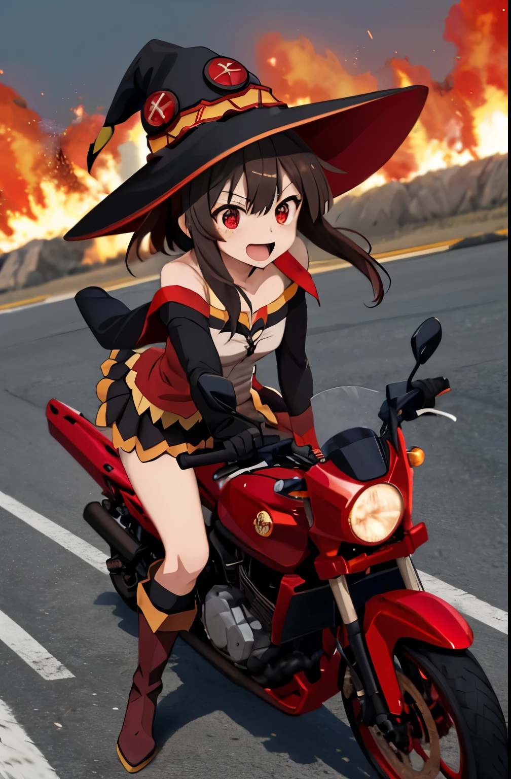 Megumin, red eyes, witch hat, cabelo curto, cabelo castanho,encima da moto vermelha, em alta velocidade, blast, rodas pegando fogo