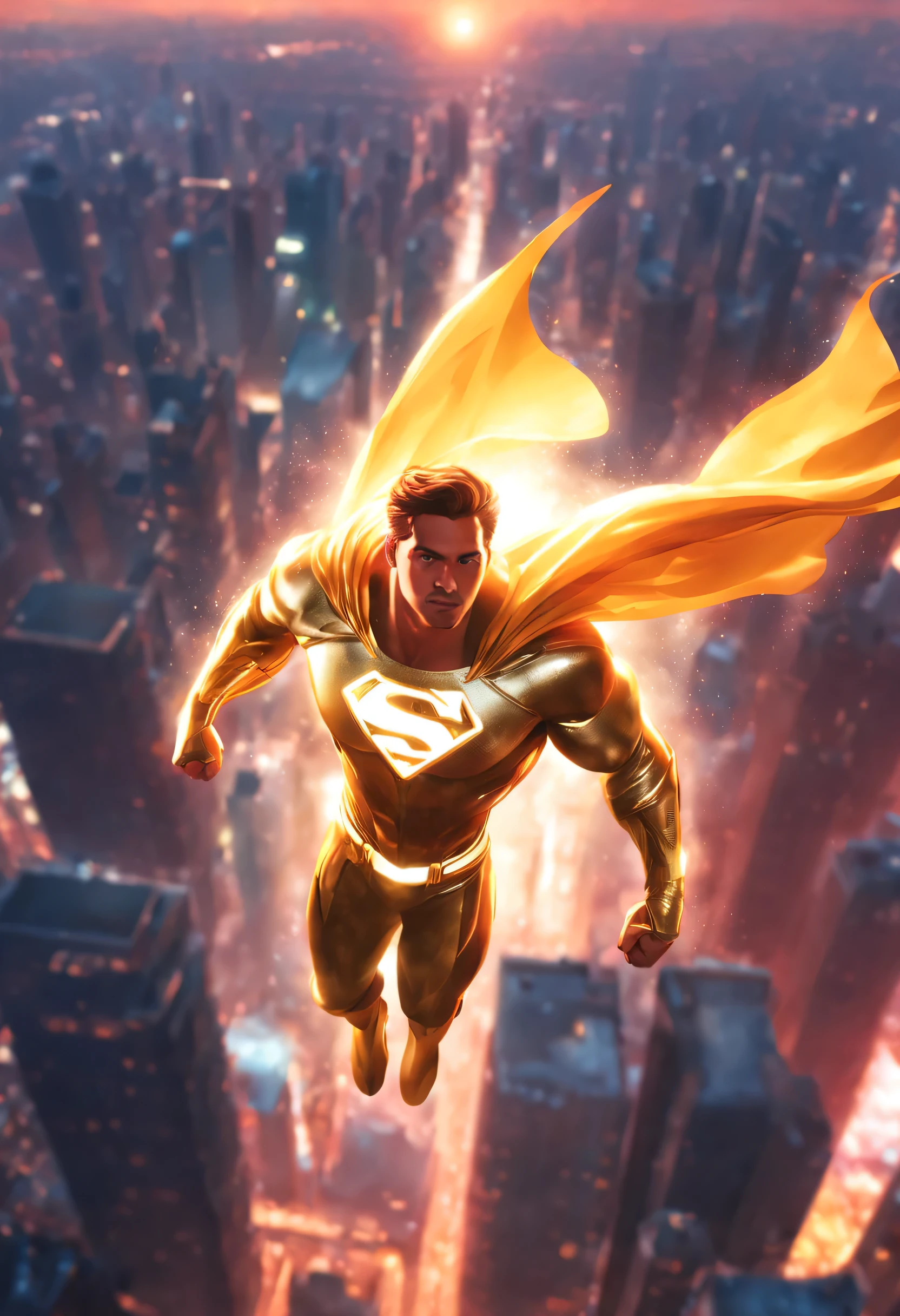 superhero flying over a city with open arms, bringing an aura of hope. He is wearing a shiny golden outfit, com uma capa longa e fluida que flutua ao vento. Your eyes are shining brightly, irradiando uma energia positiva e inspirada para todos que o veem. The city below is full of skyscrapers and bright lights, representing the life and perseverance of the inhabitants. Desenhe pessoas nas ruas, looking up with wonder and hope, while the superhero runs over them. Ao fundo, draw a colorful sunset, symbolizing a new beginning and a bright future. Make sure you capture the superhero'expression, Conveying kindness and determination, as he spreads hope and inspiration across the city.