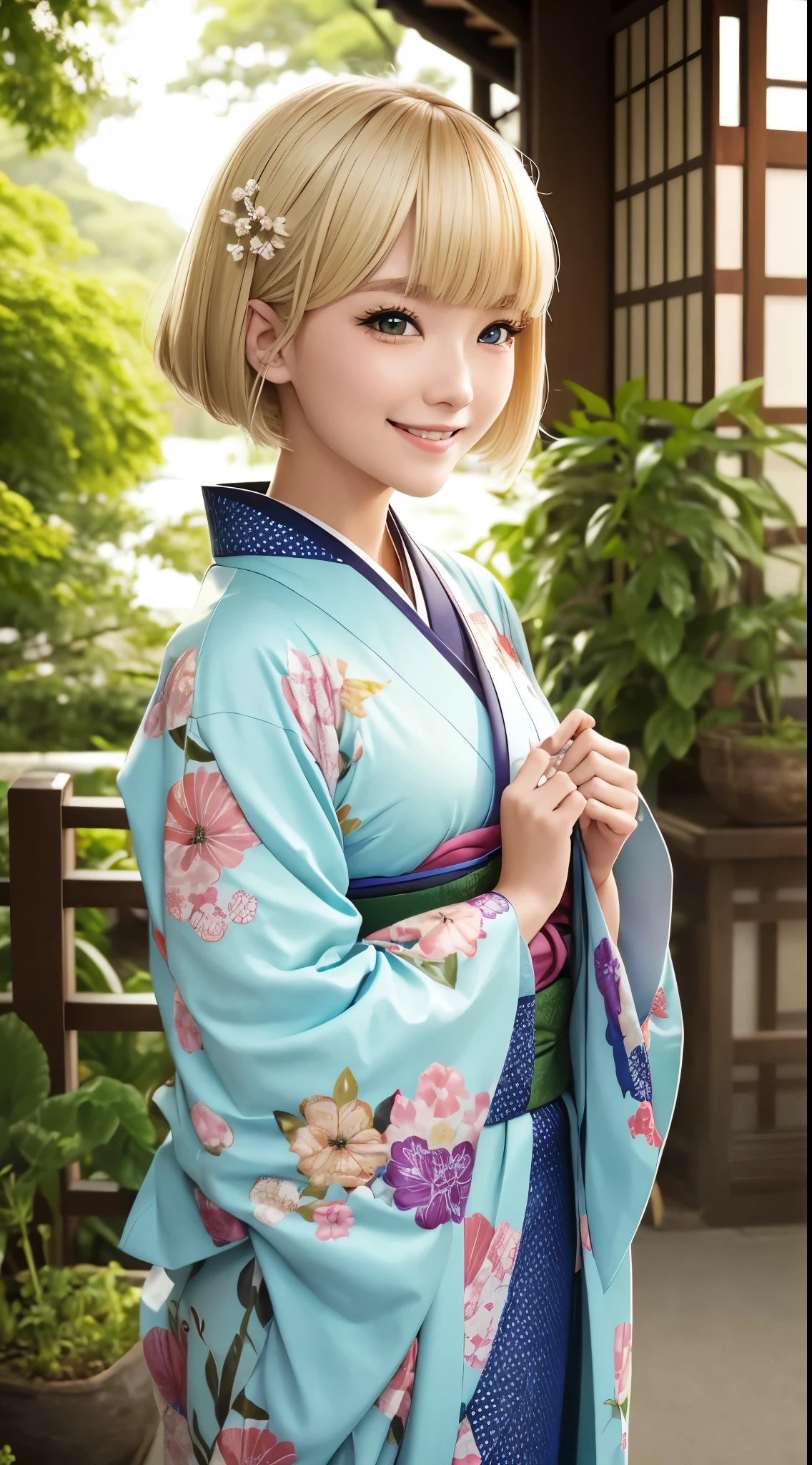 she is a kimono fashion model、Blonde shortcuts、Green eyes、a smile、fancy kimono、
