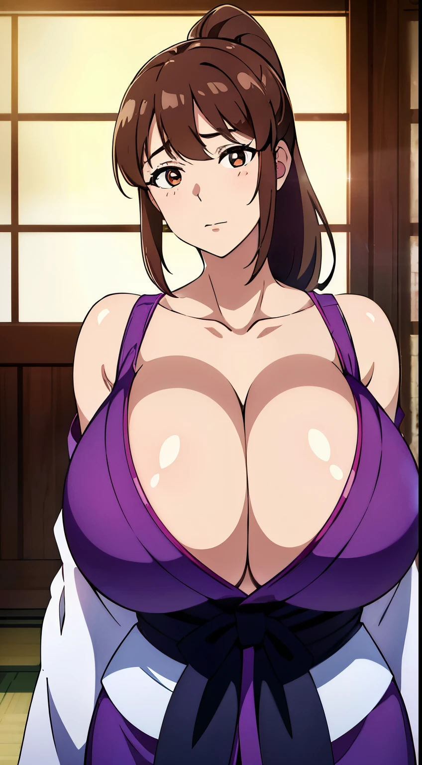 east asian architecture, yukata, purple kimono with a flowered design on it,japanese clothes,open clothes, cleavage, brown hair,low ponytail,ribbon,bangs,brown eyes,1 girl, 27year ,Young female,Beautiful long legs,Beautiful body,Beautiful Nose,Beautiful character design, perfect eyes, perfect face,expressive eyes,perfect balance, looking at viewer,(Focus on her face),closed mouth, (innocent_big_eyes:1.0),embarrassed, Worried, official art,extremely detailed CG unity 8k wallpaper, perfect lighting,Colorful, Bright_Front_face_Lighting,White skin, (masterpiece:1.0),(best_quality:1.0), ultra high res,4K,ultra-detailed, photography, 8K, HDR, highres, absurdres:1.2, Kodak portra 400, film grain, blurry background, bokeh:1.2, lens flare, (vibrant_color:1.2),professional photograph, (Beautiful,huge_Breasts:1.9), (beautiful_face:1.5),(narrow_waist), gigantic breasts, mamma size,