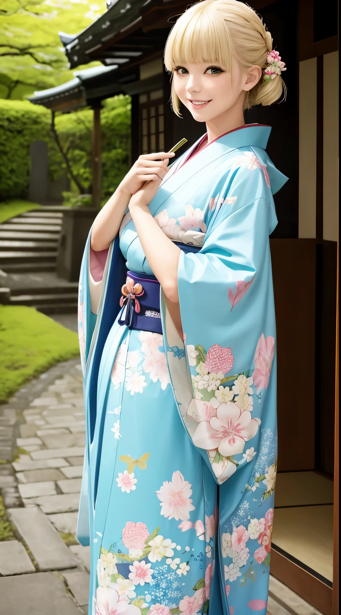 she is a kimono fashion model、Blonde shortcuts、Green eyes、a smile、fancy kimono、