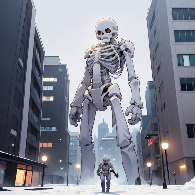 nuclear winter. multi-storey buildings, in the center a human skeleton lies covered with snow. It's snowing, mutant ant stands in front of a skeleton with a gun, you can see the devil from the ground, from the sky god reaches out to the ant, everyone is crying