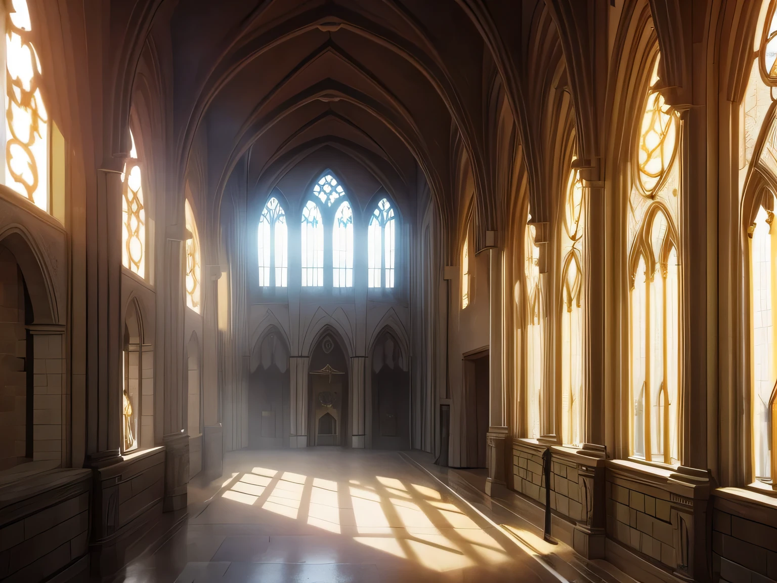 inside the abbey building, first-person view, mist, Mysterious atmosphere