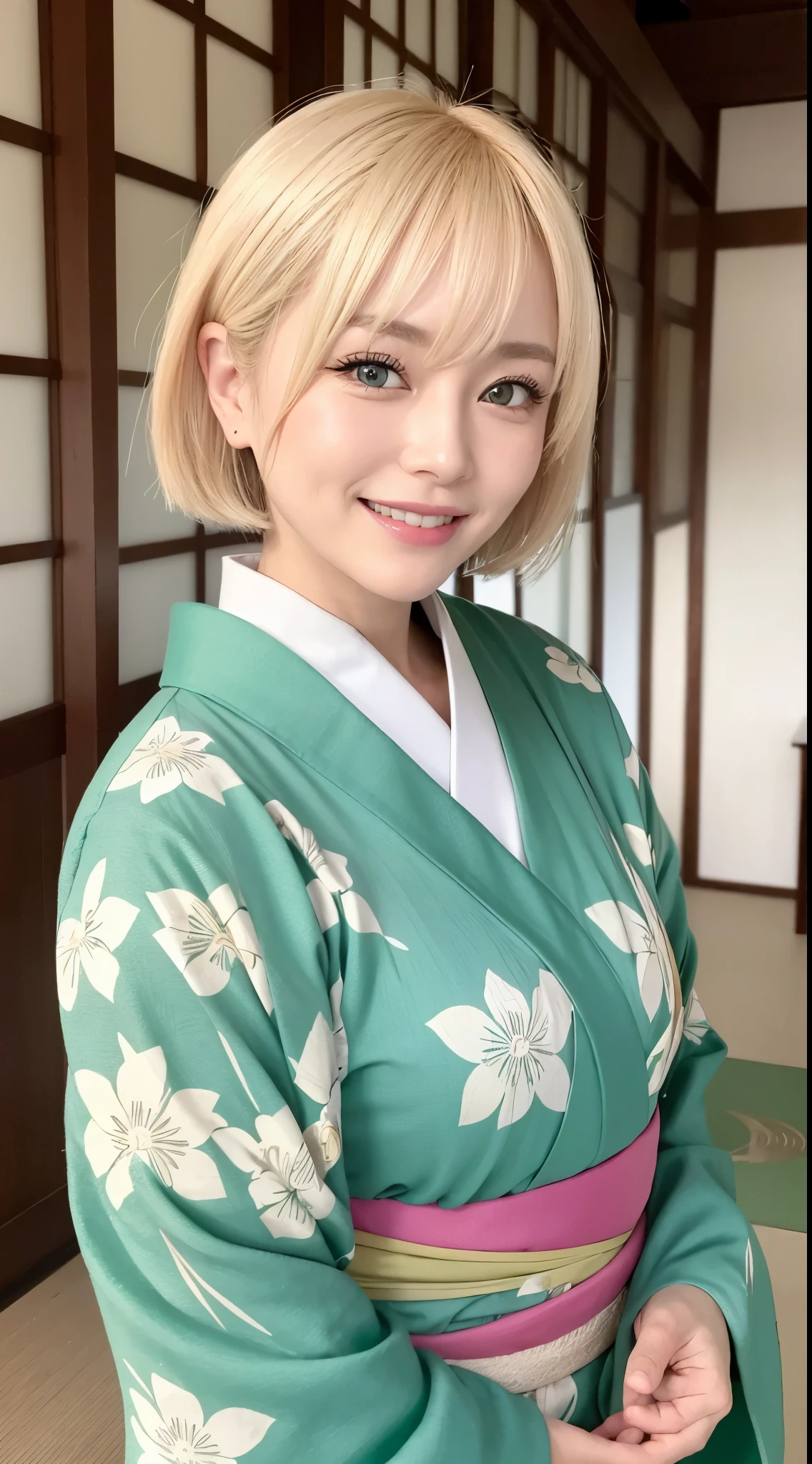 She is a 50 year old kimono fashion model、Blonde shortcuts、Green eyes、a smile、fancy kimono、