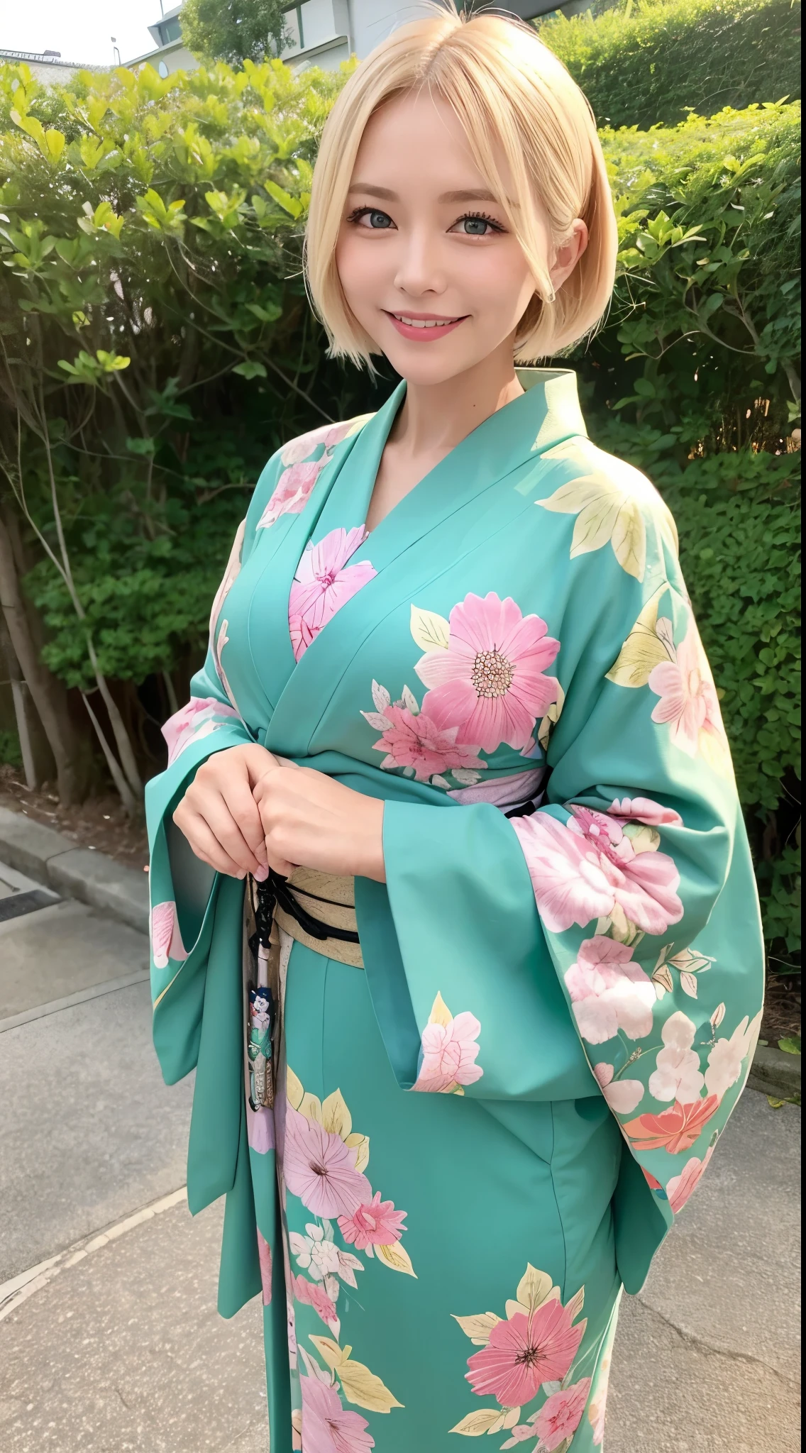 She is a 50 year old kimono fashion model、Blonde shortcuts、Green eyes、a smile、fancy kimono、