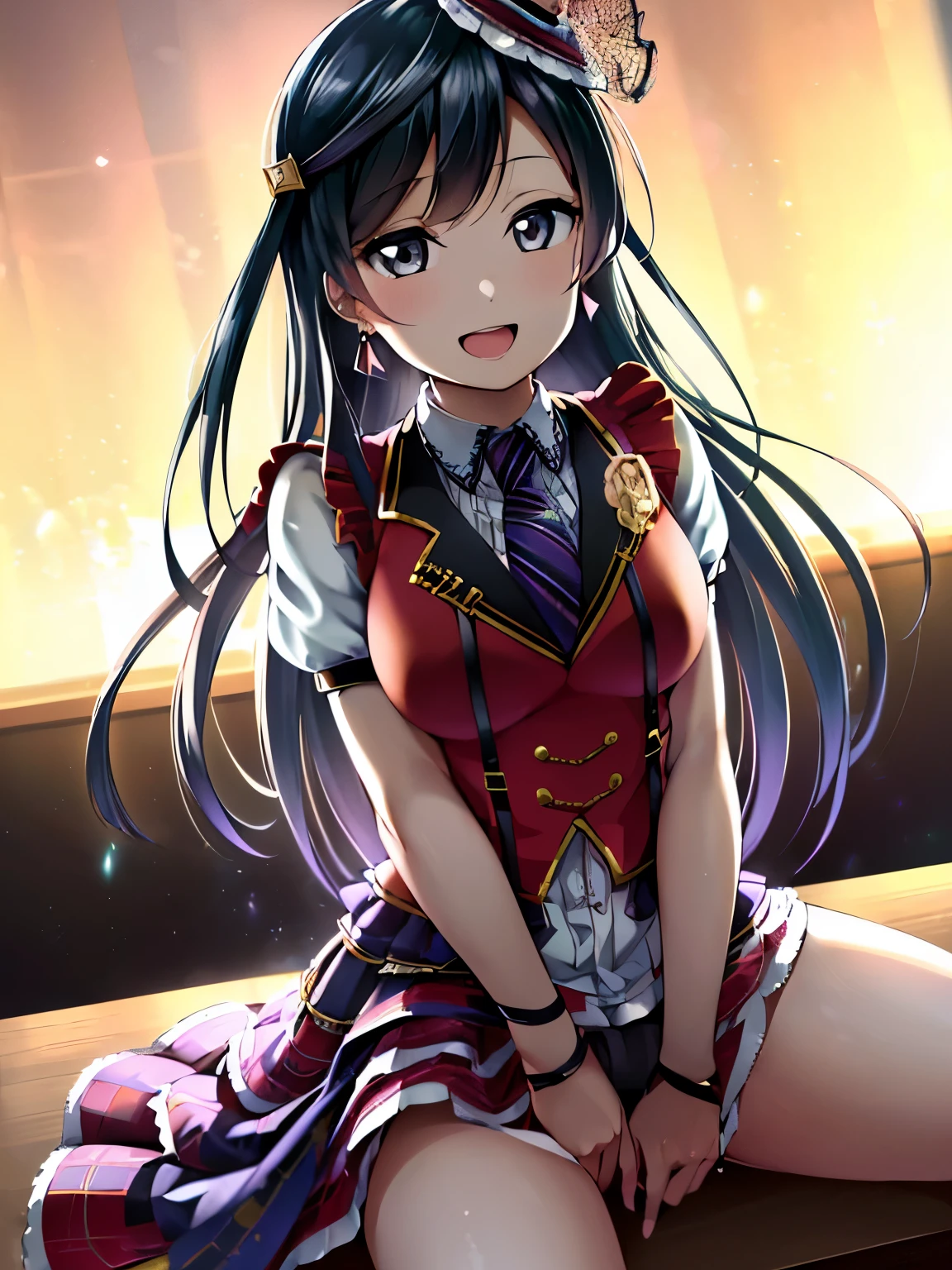 masutepiece, Best Quality, Illustration, Ultra-detailed, finely detail, hight resolution, 8K Wallpaper, Perfect dynamic composition, Beautiful detailed eyes, Natural Lip,Blazer ,Collared shirt, cleavage, ((skirt lift by yourself))),(lifted by self),(Showing panties),panties on,panties onフォーカス,((Sit up,spread legswide))、panties onを見せて、Open your eyes、looking at the viewers、provocative smiling、huge smile、Smile big、Provocation by spreading legs and showing panties、((Sit up,spread legswide、Spread your legs wide、Spread your legs wide、panties onを見せてくる、Open your legs wide to show off your panties.、panties onを見せてくる、Do fancy nails、I'm smiling at you、(masutepiece, Best Quality, Ultra-detailed), (Illustration), (Beautiful detailed eyes), (1girl in), (Solo), Yoshiko Tsushima, Purple eyes, Blue hair, Single hair bun, Long hair, Looking at Viewer, Open mouth, Bangs, Shirt, School uniform, Pleated skirt, serafuku, Sleeveless, neckerchief, grey skirt, Yellow neckerchief, uranohoshi school uniform, Outdoors,、Yoshiko Tsushima、Love Live Sunshine
