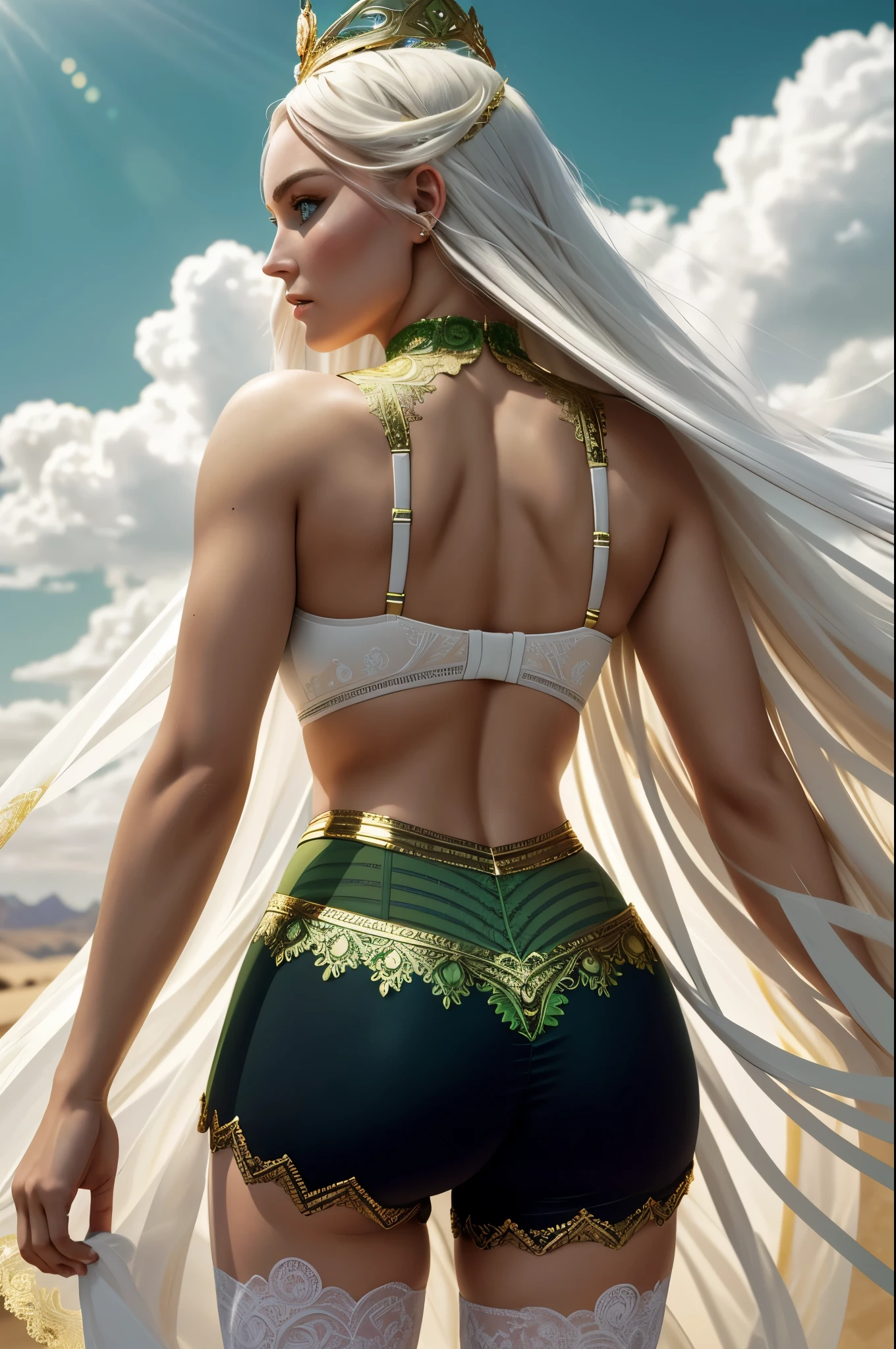 (Best Quality, 8K, Masterpiece, Ultra HD: 1.3, Ultra quality cinematic lighting, Huge detail, Well lit, 35mm, sharp, hyper realistic, epic scale, insane level of details, beautiful detailed girl, very detailed eyes and face, beautiful detailed eyes, ultra detailed skin, realistic skin), ({desert dunes|clouds}), Lindsey Vonn as a MYTHOLOGICAL DIVA in a golden crown, hair floating into the sky, stands with his back, camera films from behind, athletic, smoothly defined musculature, full body perspective, (pink matte bra and pink matte high waisted panties with gold complex intricate pattern), (white matte detailed tights with complex intricate pattern and lace)
