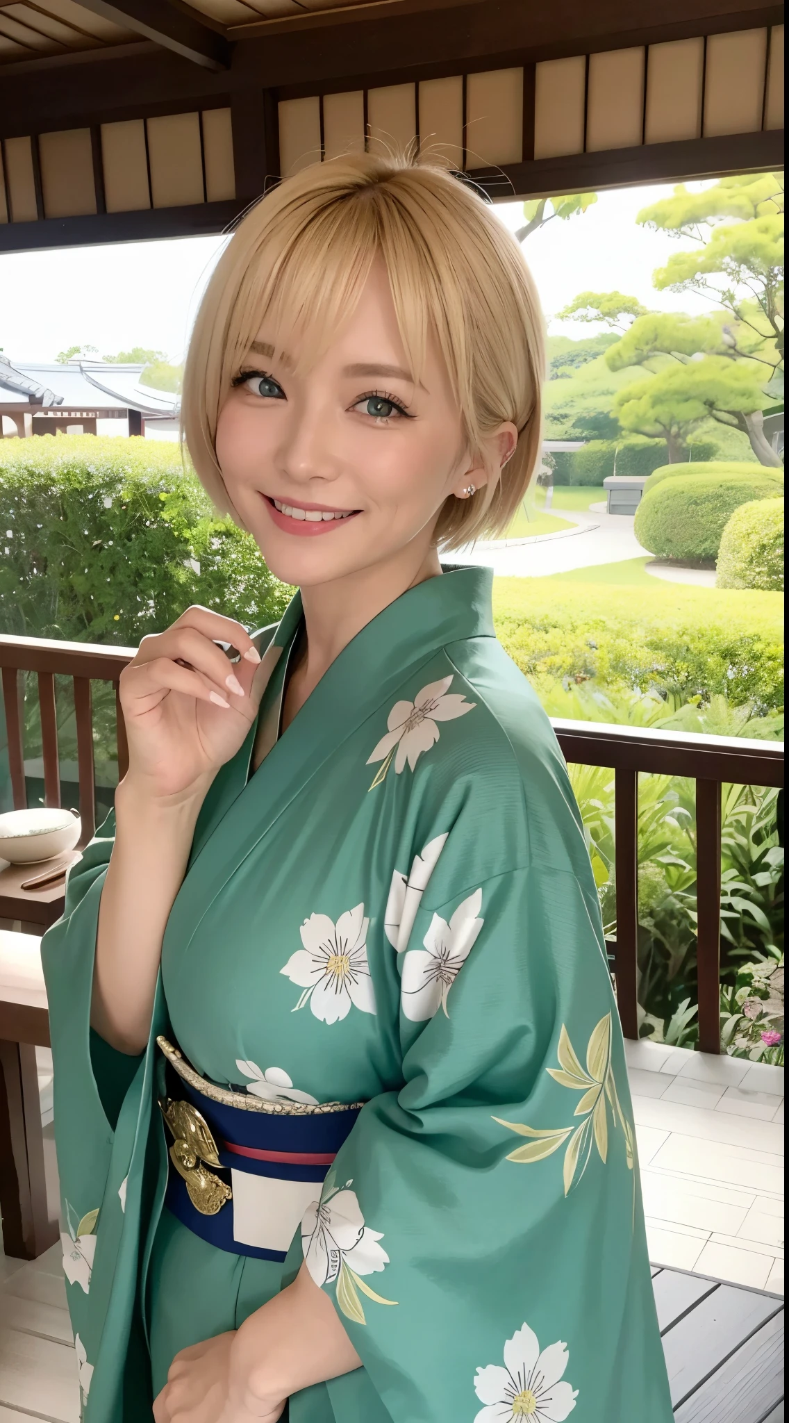 She is a 50 year old kimono fashion model、Blonde shortcuts、Green eyes、a smile、fancy kimono、