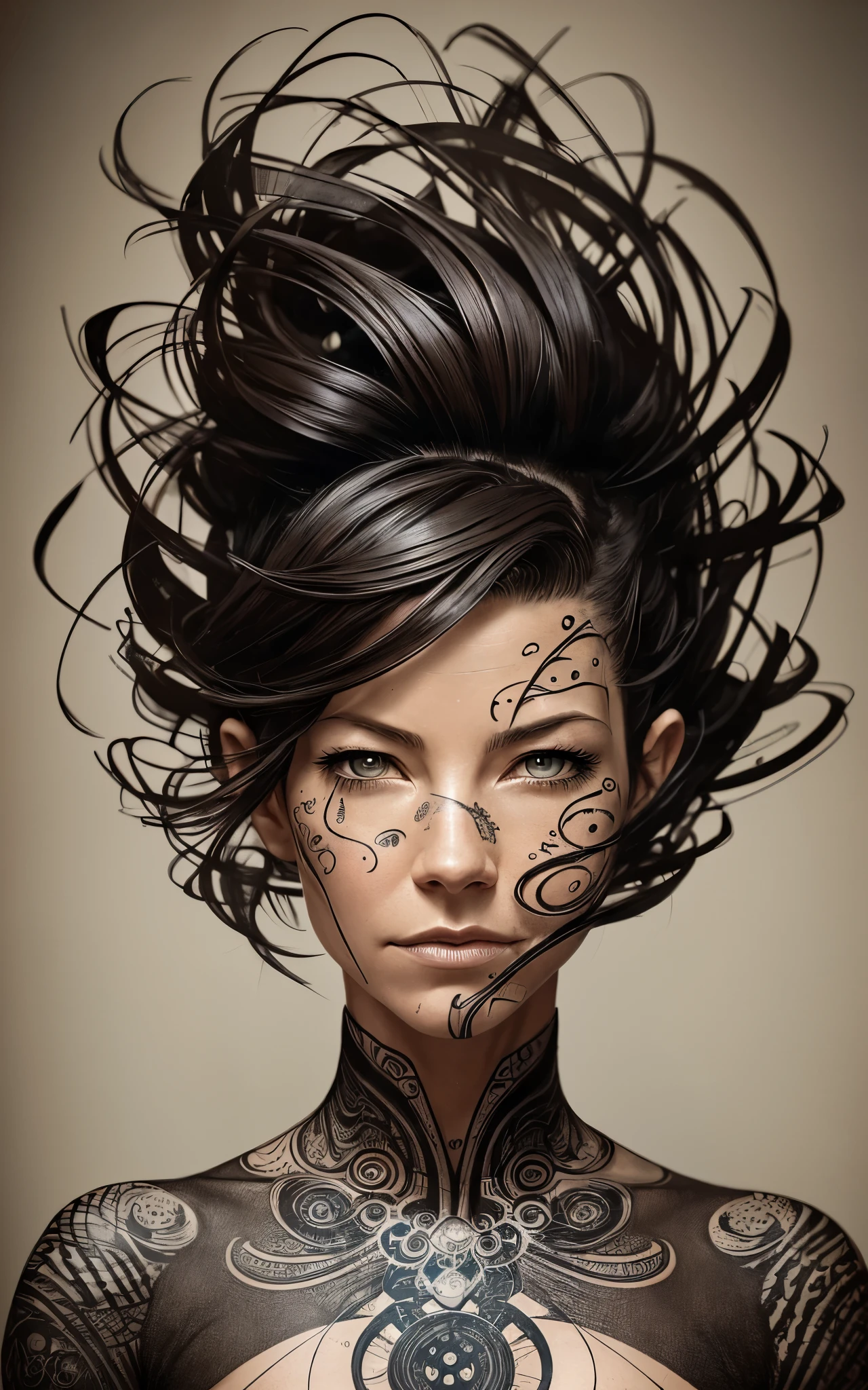 (Evangeline Lilly) is a beautiful charming woman carved out of dark smoke, dressed as a Steampunk girl in black, circular colored smoke, waves of shadows at night, abstract skull ornaments, pixie back fade haircut, soft colors, flat 4d street art in the style of adrian ghenie, esao andrews, jenny saville , edward hopper, surrealism, james jean dark, takato yamamoto, inkpunk minimalism, , detailed symmetrical brown eyes with circular iris, seamless geometric pattern harmony, luminogram, iron gall ink, art by Russ Mills, Sakimichan,, by GIlSam -paio octane rendering depicting innovation and truth, 8k, by Lee Jeffries, depth - Gs studio