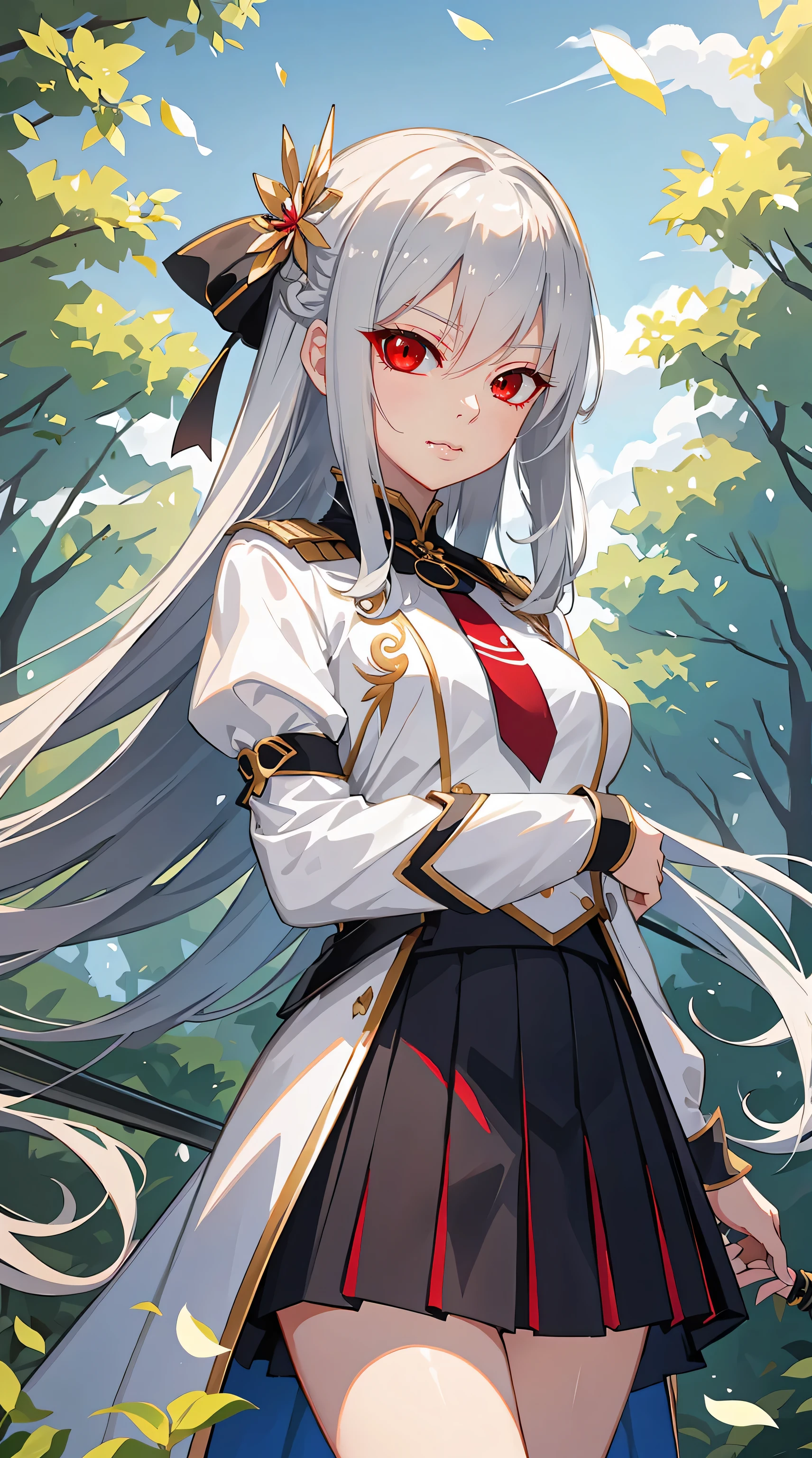 ((one_woman, Upper_Body)), ((silver_Hair, Red_eyes)), wearing a white haori, ((small_skirt)), medium breasts, standing in a field, tall, masterpiece, best quality, perfect pose, perfect hands, perfect eyes, blue skies, tall, skin-tight uniform, rapier, bare legs, medium hair, trees in the distance, ((wielding a rapier)), castle tower in the distance, flower petal in hair, straight bangs, bare legs, tall, full legs, bigger legs, ((skirt)), Mouth Closed, intense gaze, downward angled eyebrows, standing in a formal position, legs together, arms at her sides, fron_front