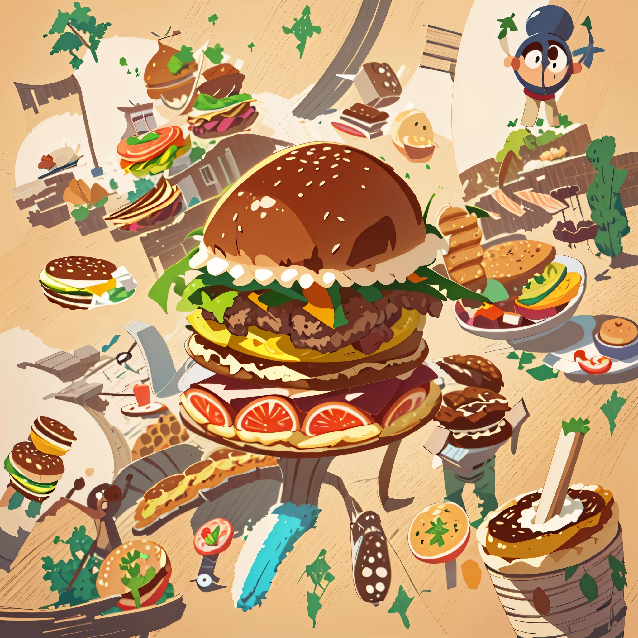 A hamburger in the middle，Vector style, beautiful color, ,Vector graphics, shadowing, Flat, 2d, Dan Matutina&#39;s style, in the style of Studio Ghibli, Thick lines,, stunning detailed,Illustration style，a warm color palette，4k画质，Non-human，