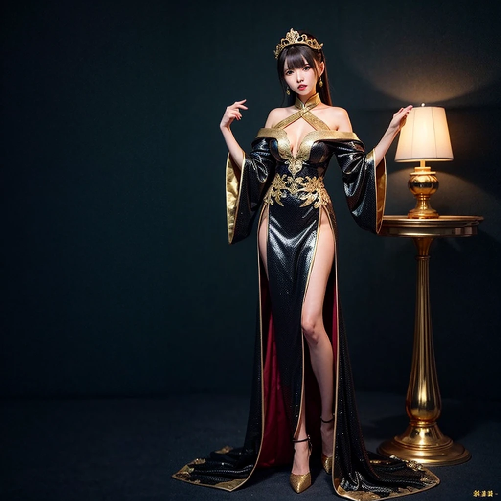 full body xianxia, a beautiful fantasy empress, Kangxi from kawaii strike,a woman in a black and gold outfit,anime goddess, long dark brown braided hair with fringe, golden eyes,