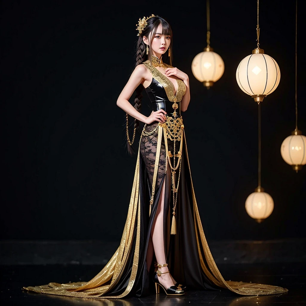 full body xianxia, a beautiful fantasy empress, Kangxi from kawaii strike,a woman in a black and gold outfit,anime goddess, long dark brown braided hair with fringe, golden eyes,