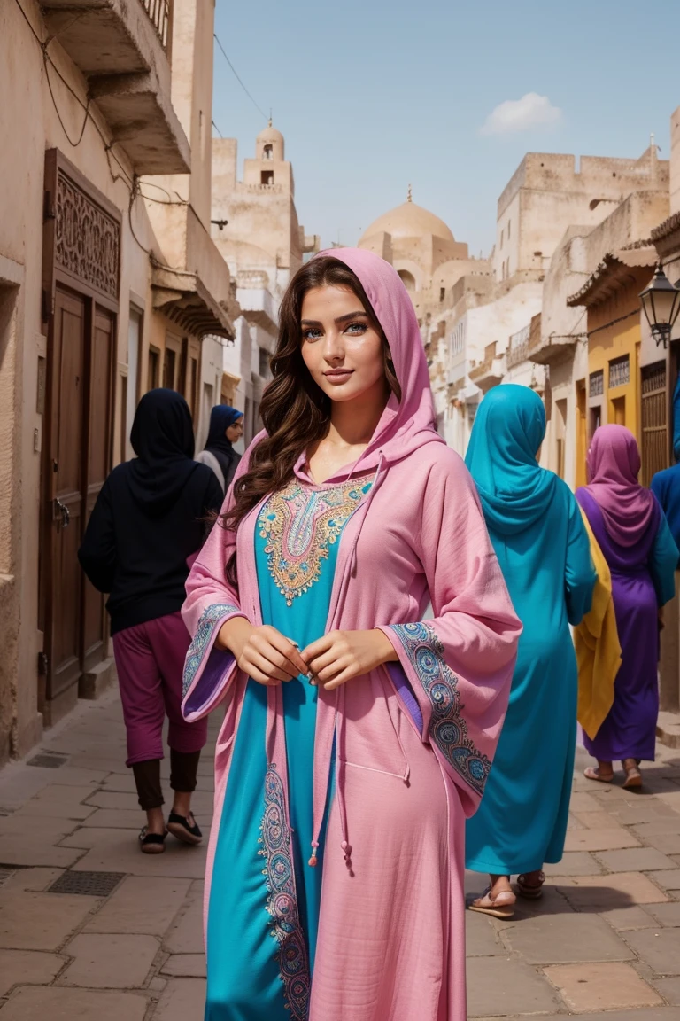 Instagram-Models posieren in Fes, in colorful kaftan hoodie, full entire body, beautiful detailed eyes, beautifully detailed lips, extremely detailed eyes and face, kurzes, welliges rosa Haar ((best qulaity)), ((Meisterwerk)), (detailliert), perfektes Gesicht, full entire body
