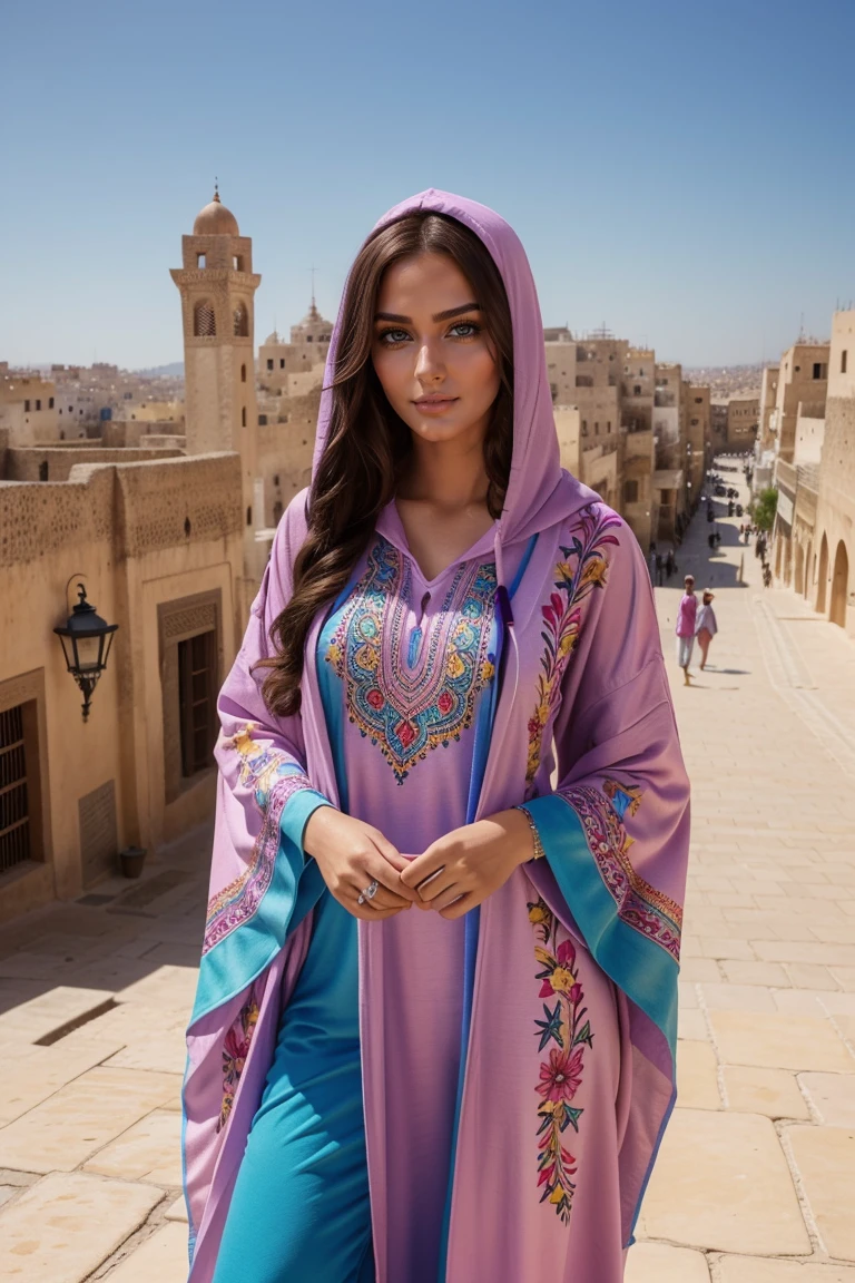 Instagram-Models posieren in Fes, in colorful kaftan hoodie, full entire body, beautiful detailed eyes, beautifully detailed lips, extremely detailed eyes and face, kurzes, welliges rosa Haar ((best qulaity)), ((Meisterwerk)), (detailliert), perfektes Gesicht, full entire body