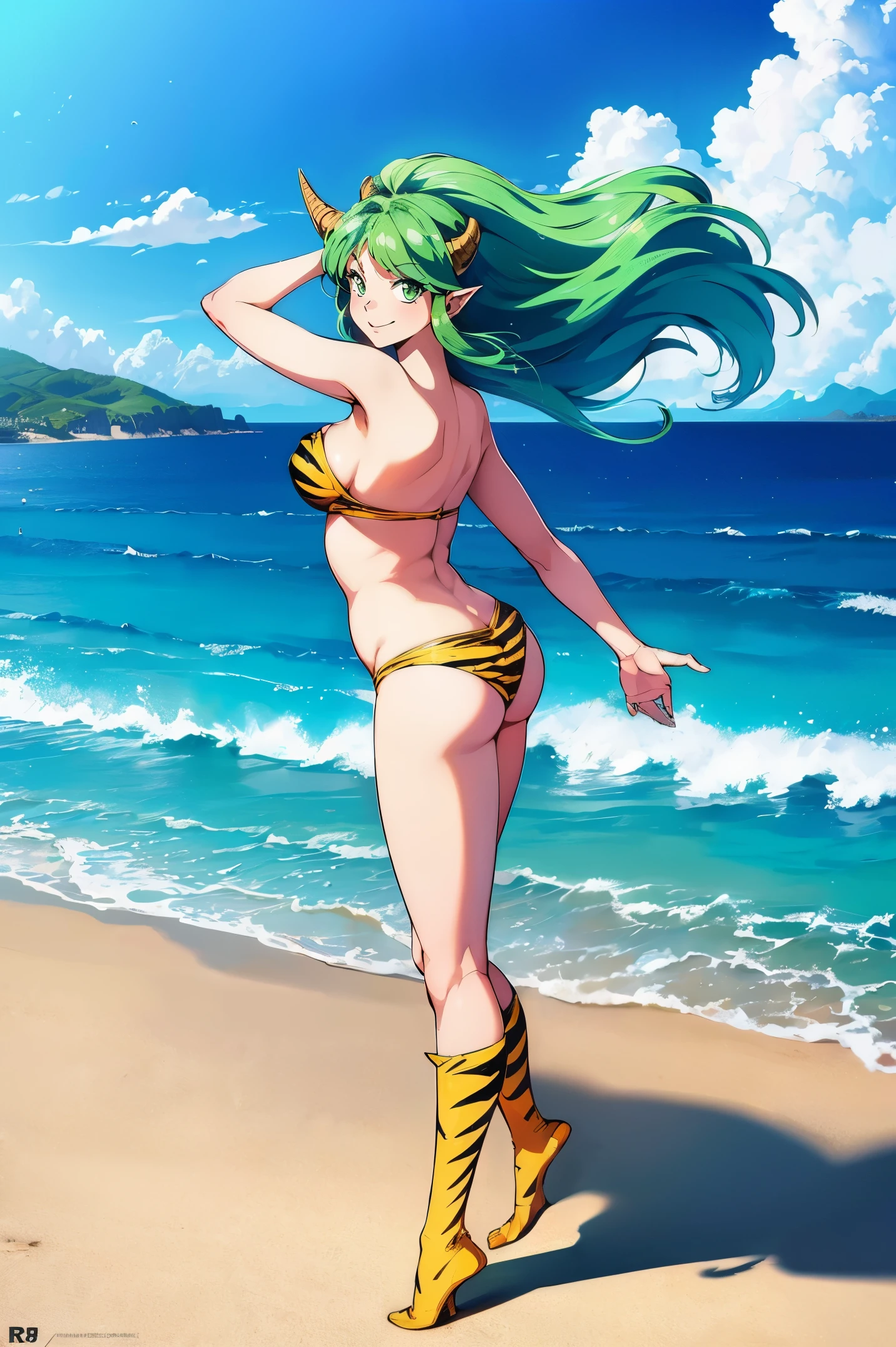 In style of Artgerm, (best quality,4k,8k,highres,masterpiece:1.2),ultra-detailed,(r:1.37), vibrant colors, lum, lighting, beach scenery, bikini model, standing tall and confident, turn back, show her butt, full body emphasis, alluring curves, prominent and voluptuous breasts, captivating green hair flowing in the wind, thunderous aura surrounding her, sharp, majestic horns protruding from her head.