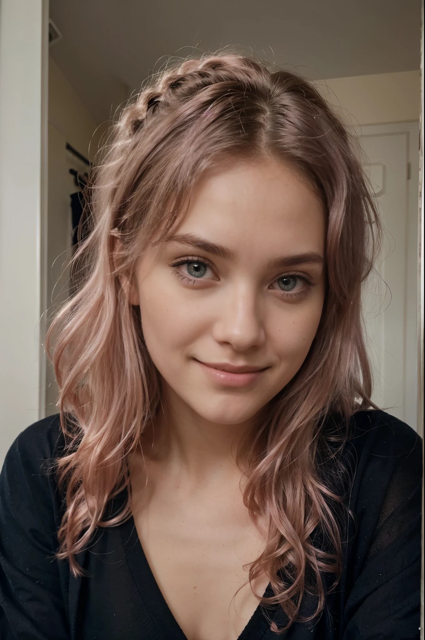 closeup of a 19 year old white beautiful model, wearing black cloths, infront of her room,  long curly light pink hairs, blue eyes, happy face, realistic photography