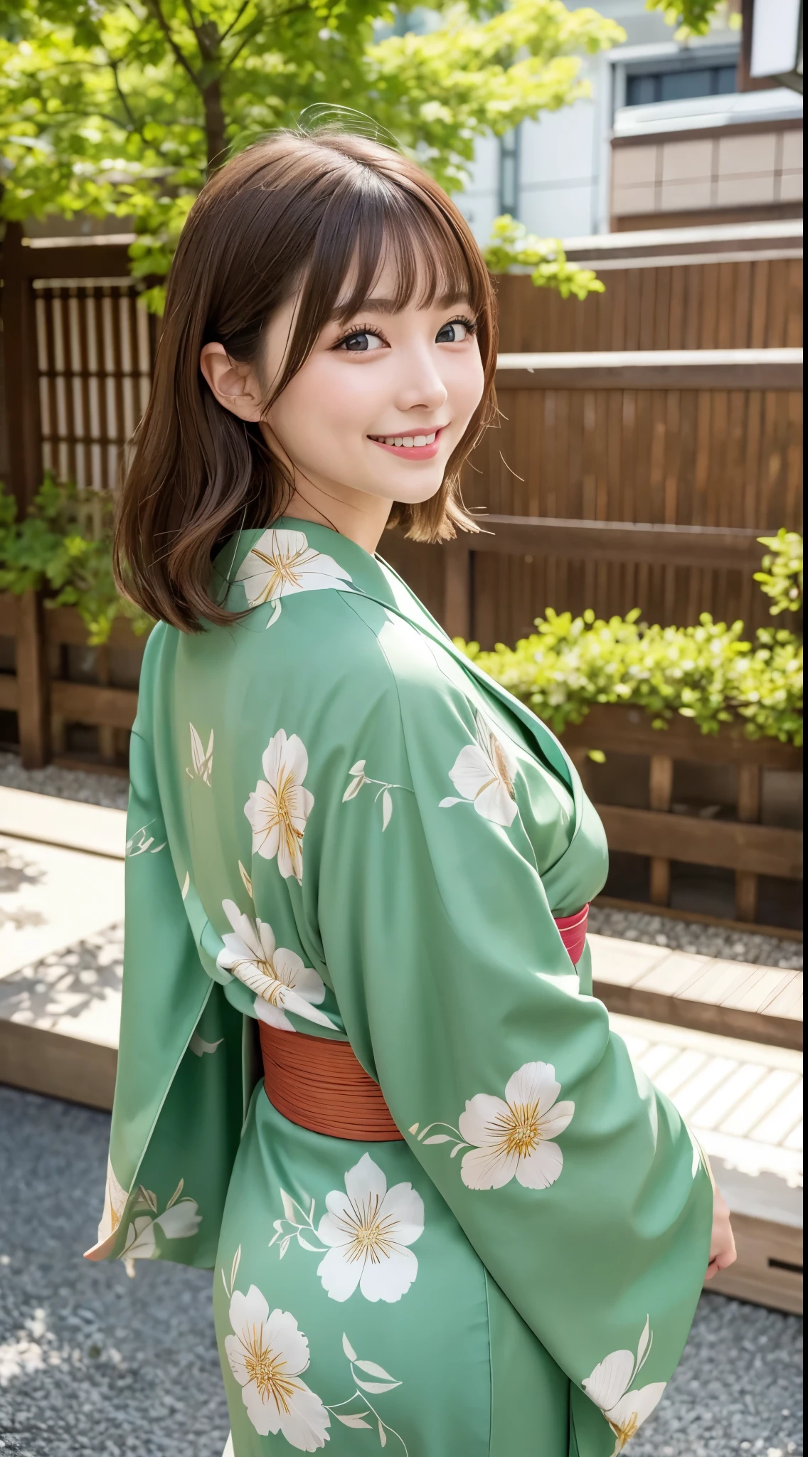 she is a kimono fashion model、Brown hair shortcut、Green eyes、a smile、fancy kimono、