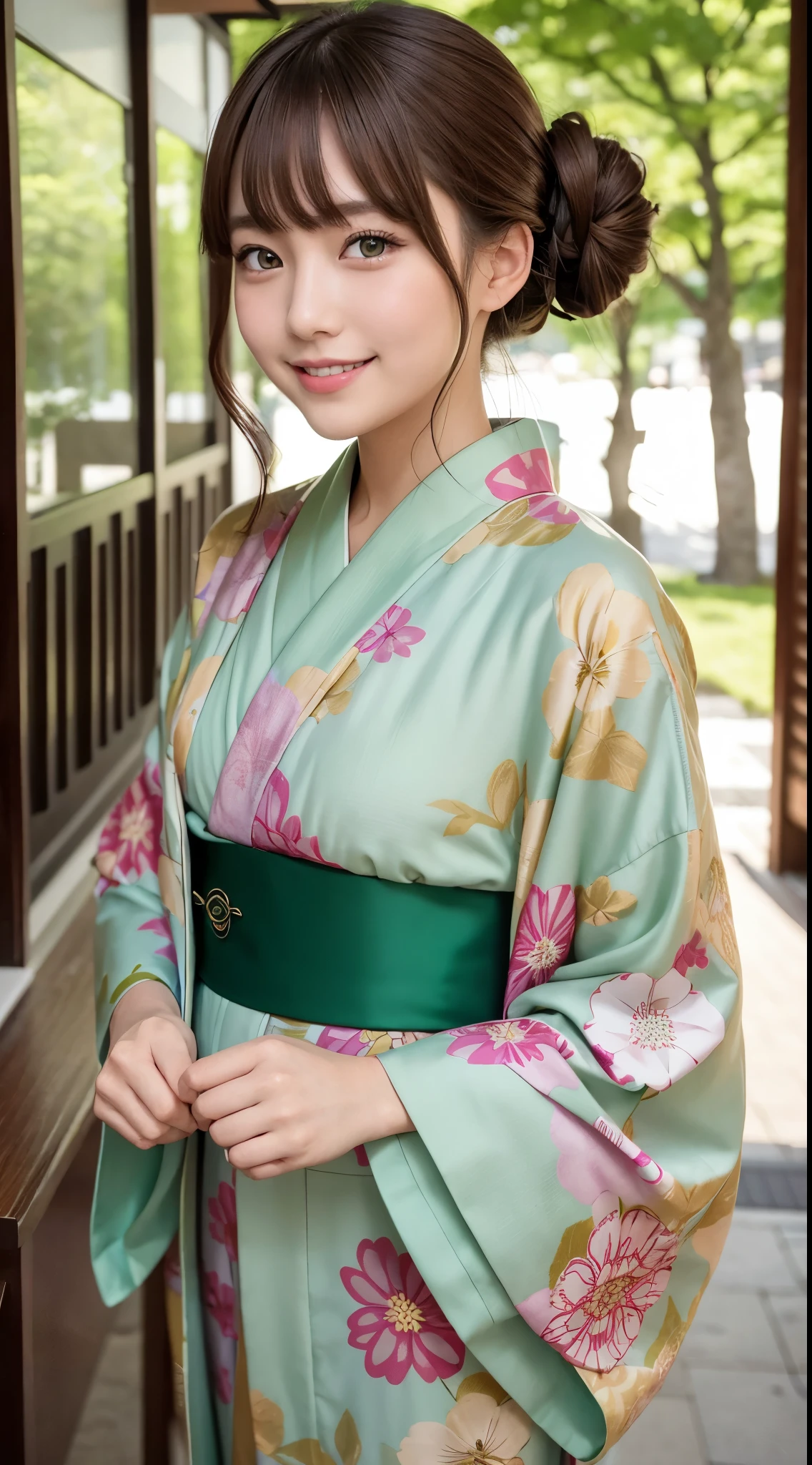 she is a kimono fashion model、Brown hair shortcut、Green eyes、a smile、fancy kimono、