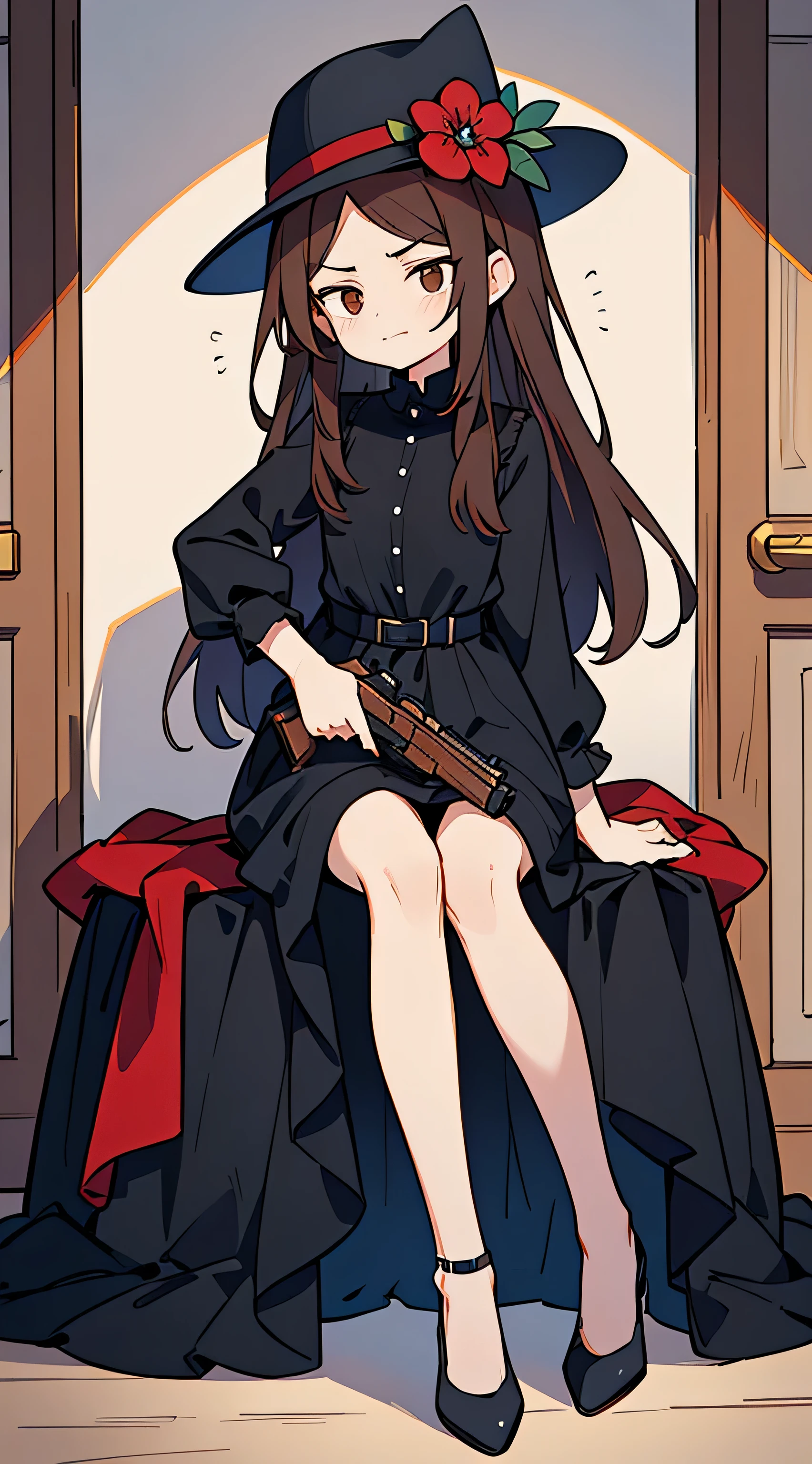 cartoon image of a woman in a long black dress, small dark blue hat with a red flower on it, holding a pistol gun, brown hair, brown eyes, looking disappointed, small smirk, sitting in a dimly lit room