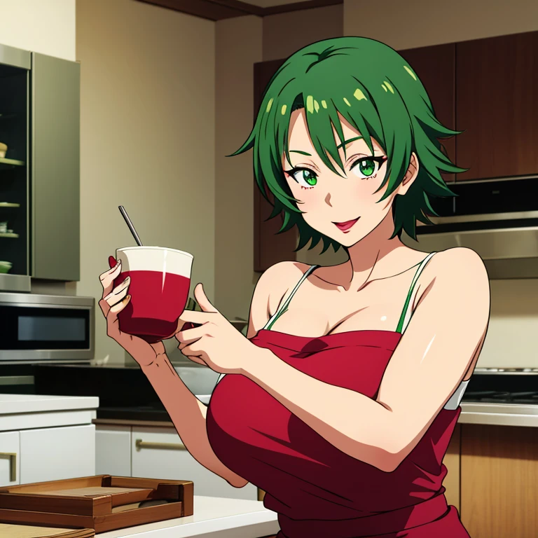 Anime style image of an anime milf with short green hair, her eyes are also green, she has red lipstick and she is in a kitchen