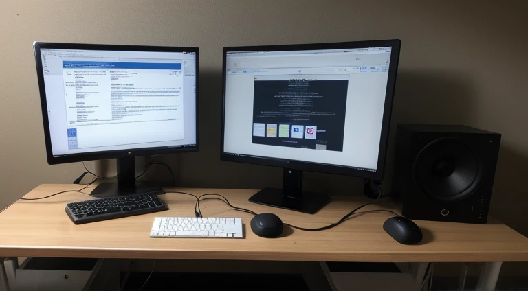 Computer table of a cyber security expert with 2 adjacent monitors, large circular table, chair with head support, backlit keyboard, podcast microphone with stand, great modern design, computer nerd, usb hub, web camera, photo taken from the back side, face not visible