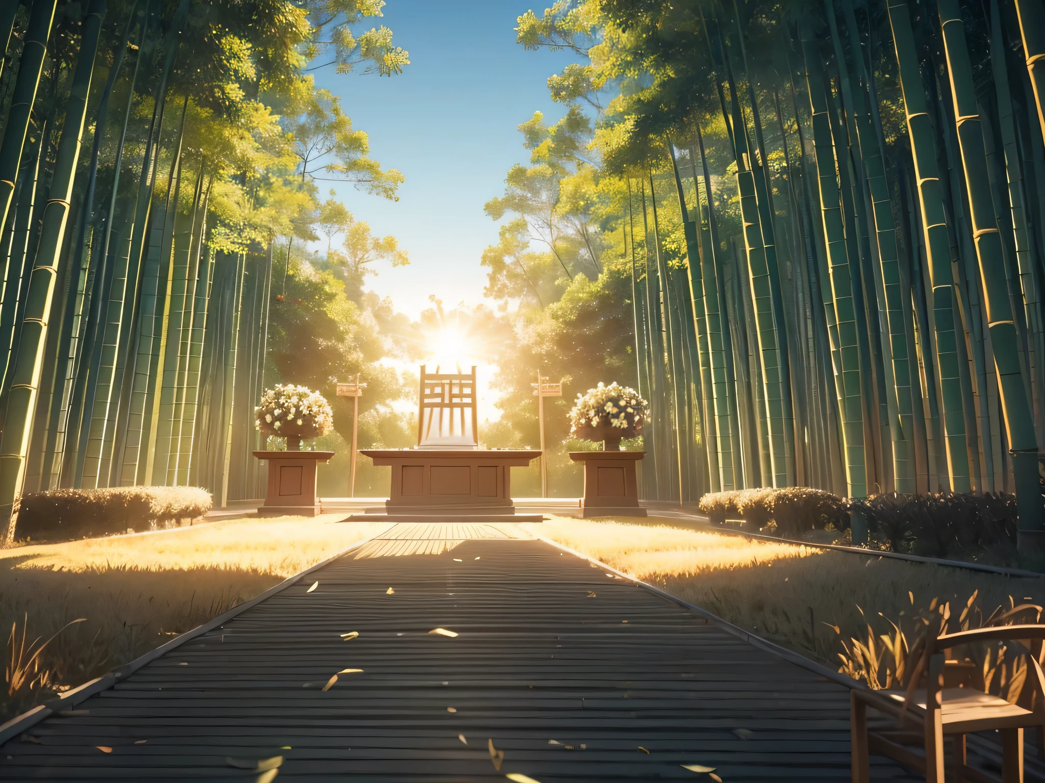 minimalist landscape with wedding altar sunrise in a bamboo grove cardboard shaped bamboo forest extremely closed