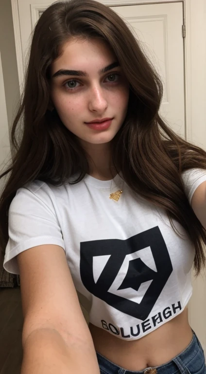 ((Front facing camera selfie)), 18 yo girl named Zahra Amiri, (straight nose), (prominent nose bridge), (female face golden ratios), long dense dark brown hair, (pale skin:1.25), (hazel eyes), thin eyebrows, high cheekbones, beautiful plump lips, big natural breasts, wearing tshirt, apartment background, smirk