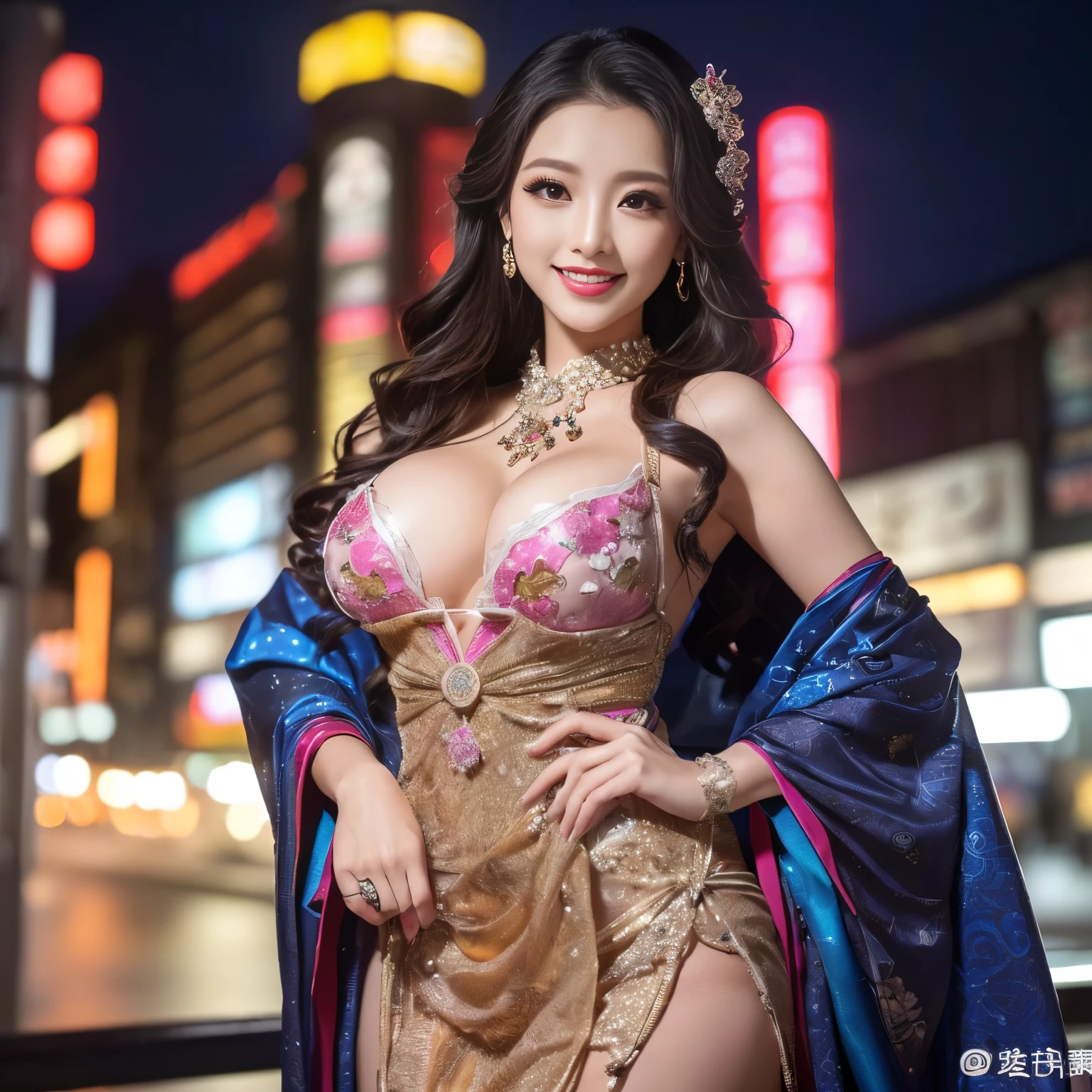 ((top-quality、masutepiece、8K、Top image quality、Highly complex and detailed depictions))、(Photo of the upper body of a Japanese prostitute:1.3)、Luxury garrison house at night、Japan&#39;s most luxurious courtesan costume、((the most gorgeous japanese prostitute&#39;Huge costumes、The most vivid and luxurious costume Iglong costume、The most luxurious and huge garrison、An unimaginably luxurious garrison、Very luxurious and huge garrison、Huge entertainment district at midnight、Very complex decoration、Very distinct huge garrison housing))、(View me、Bewitching smile、Perfect makeup、long eyelashes、lipsticks、Pink eyeshadows、perfect anatomia、A slight smil)、(Clear background of huge garrisons:1.3)