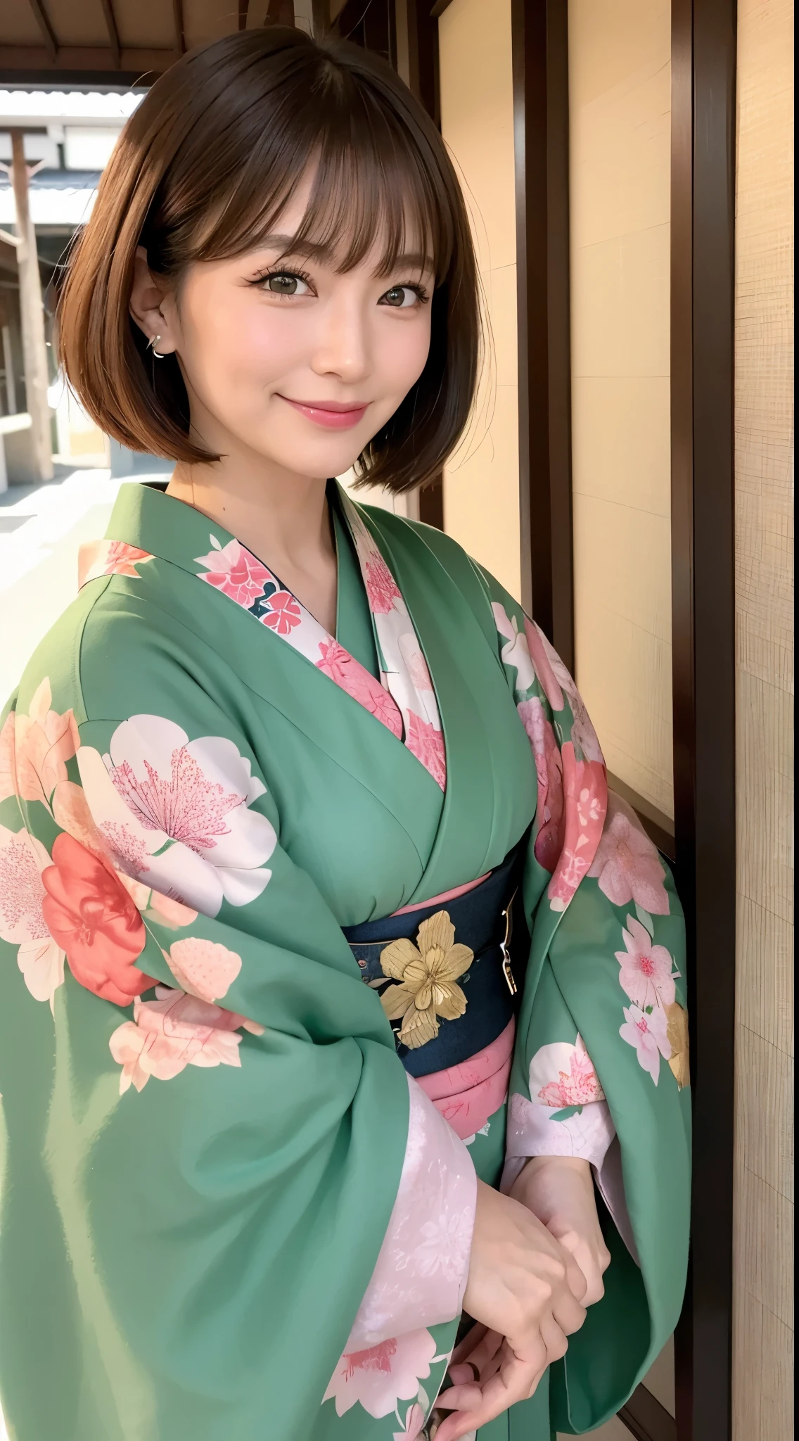 She is a 60 year old kimono fashion model、Brown hair shortcut、Green eyes、a smile、fancy kimono、
