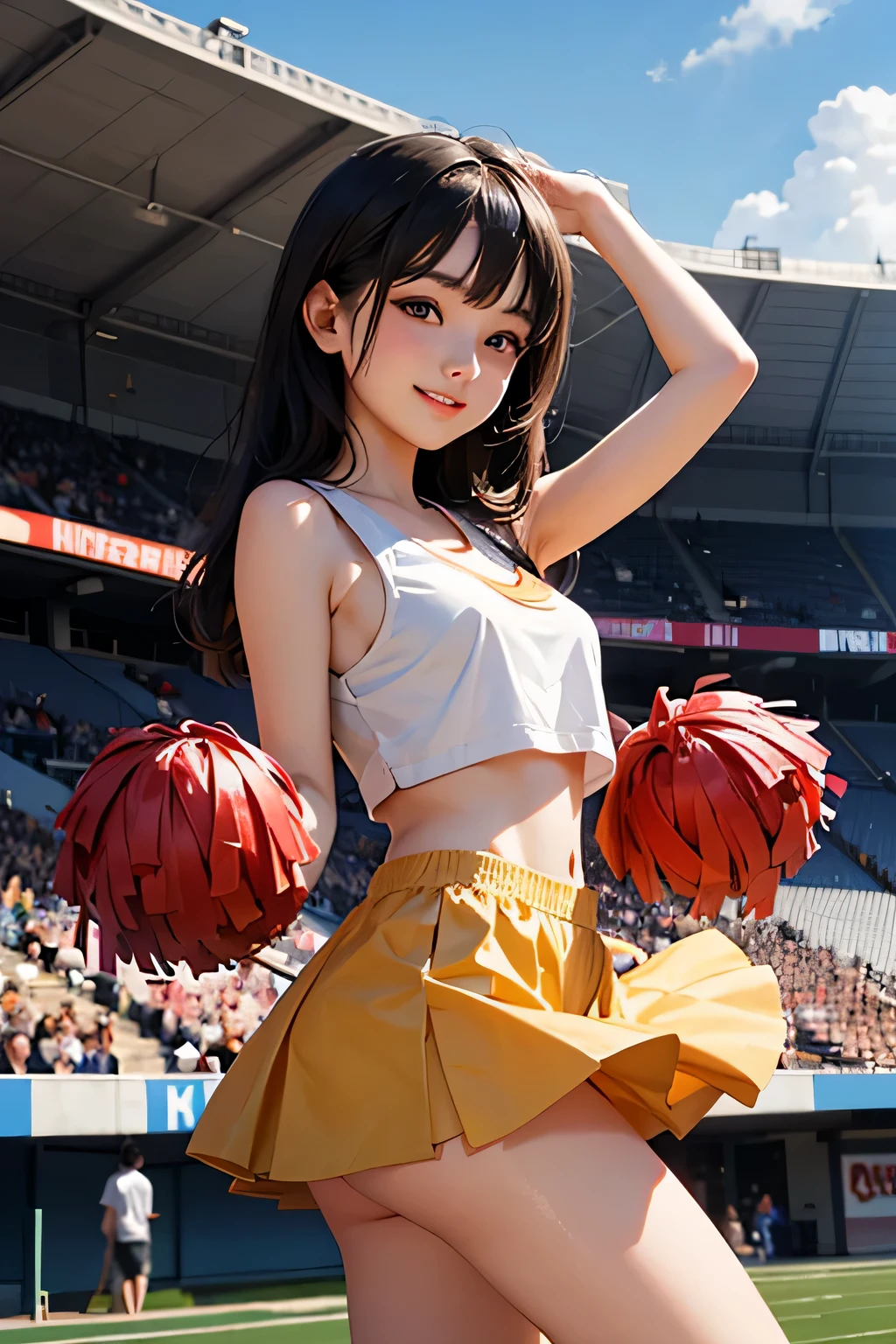 very cute and beautiful cheerleader girl,(very detailed beautiful face and eyes:1.2),(holding a pom pom:1.2),(Laugh:1.2),(Smile:1.2), (Stadium Stand),Cowboy Shot,Dynamic Pose,White panties,(orange sleeveless shirt),Beautiful legs,Dynamic Angle,Black hair, (Best Quality,masutepiece:1.2),Intricate details,Extremely detailed,Ultra-detailed,hight resolution,Looking at Viewer, Natural lighting,Hair fluttering in the wind,Beautiful detailed sky,