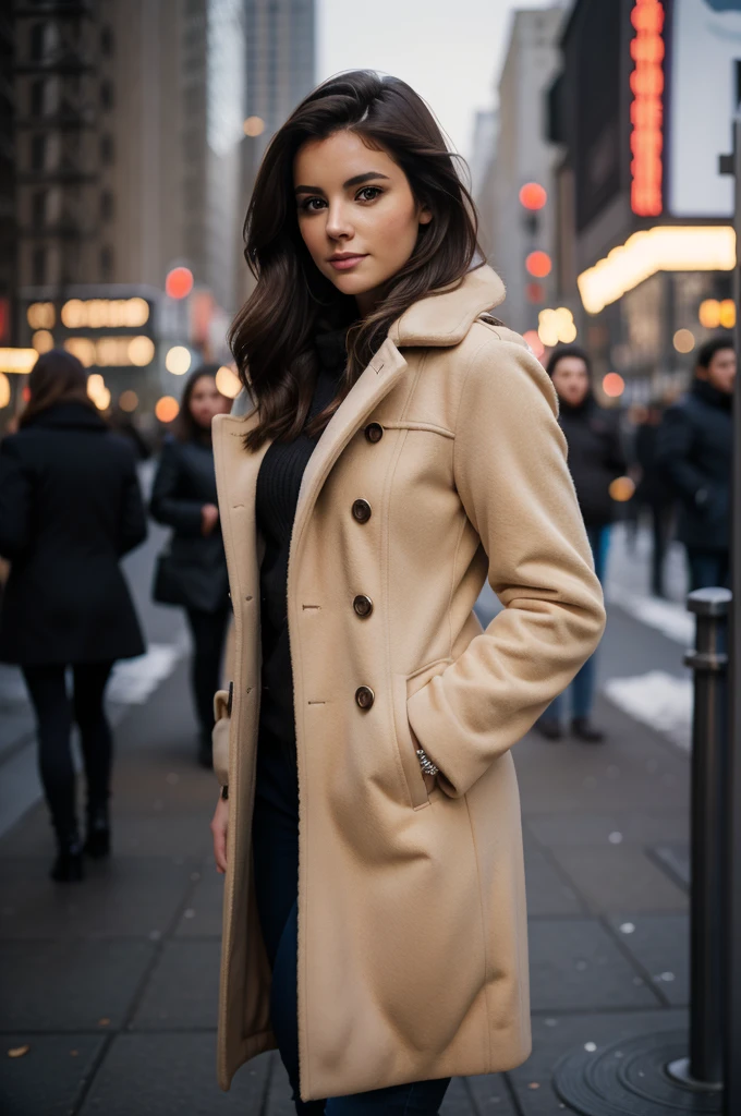 full body, 27 years old women, ultra realistic, lovely brunette hair, good hair style gorgeous, luxury designer stylish winter coat clothing, stylish coat clothing, winter wear clothing gorgeous girl, in the city, New York (masterpiece), best quality, high resolution, extremely detailed, blurred background, depth of field, cinematic lighting, Kodak Portra 800 film SMC Takumar 35mm f/ 2. 8 c 50, 2018