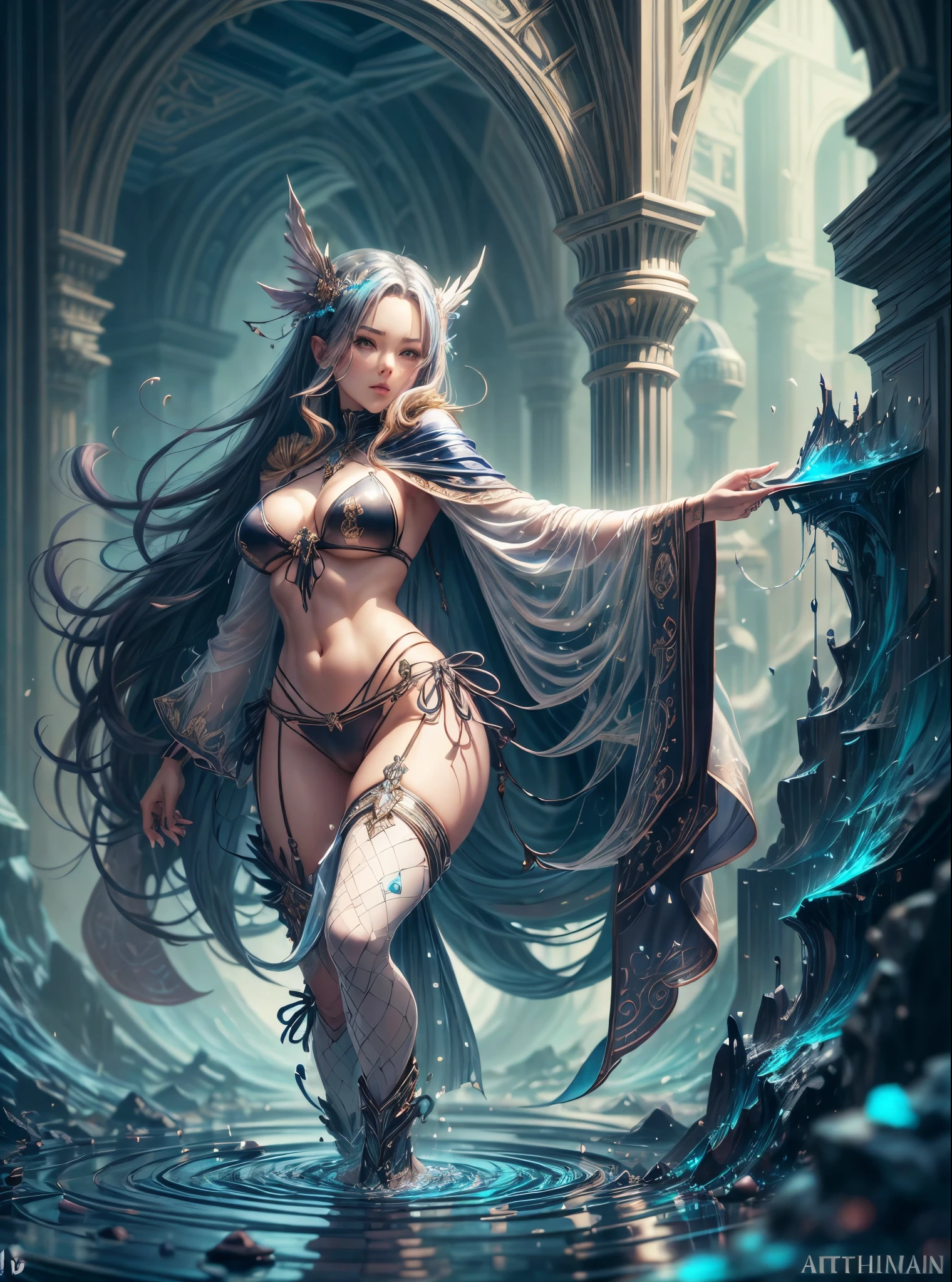 a woman in a colored glass bikini and cape is standing in the water, concept art by Yang J, Artstation contest winner, fantasy art, extremely detailed artgerm, ig model | artgerm, as seen on artgerm, fantasy woman, fantasy art style, artgerm. anime illustration, 2. 5 d cgi anime fantasy artwork, anime goddess