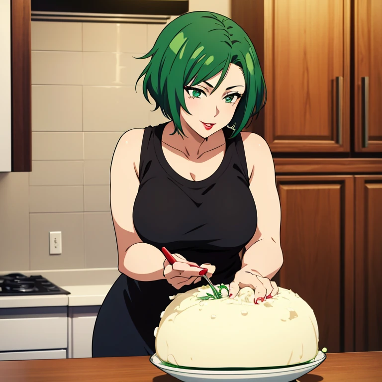 Anime style image of an anime milf with short green hair, her eyes are also green, she has red lipstick and she is in a kitchen