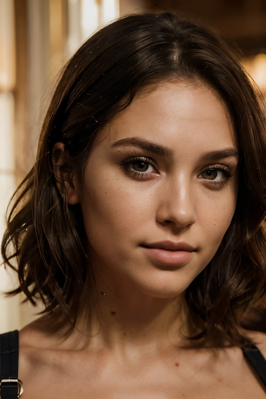 Breathtaking cinematic photo of a 30 year old girl with brown hair and brown eyes, happy, cheerful expression, closed mouth, beautiful lips, intricate details, shallow depth of field, highly detailed, high budget, epic Hollywood film, gorgeous, masterpiece, award-winning, professional, highly detailed, detailed skin texture, (blush: 0.5), (goosebumps: 0.5). (the most beautiful woman in the world) (brown hair) (short curly hair, wild hair, stylish cut) thin face, thin nose, beautiful, very beautiful, perfect face, slender body (slender), (brown hair) (brown eyes ) (white skin) Beautiful body, western face, predatory eyes, pink lips, thick thighs. full body, western beauty, thin nose, beautiful, perfect, ((best quality)), ((ultra resolution)), ((photorealistic: 1.4)), (intricate details), perfect face, makeup: 1.5 , clear face, facial details. front view ((uniform, tactical costume, agent costume, spy))