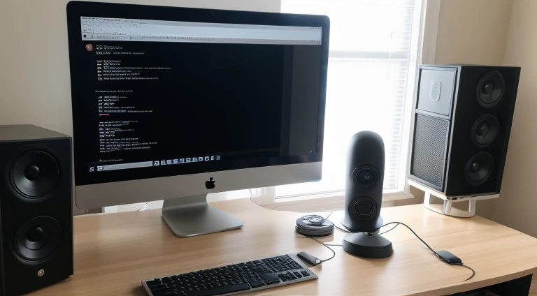 Computer table of a cyber security expert with 2 adjacent monitors, large circular table, chair with head support, backlit keyboard, podcast microphone with stand, great modern design, computer nerd, usb hub, web camera, photo taken from the back side, face not visible