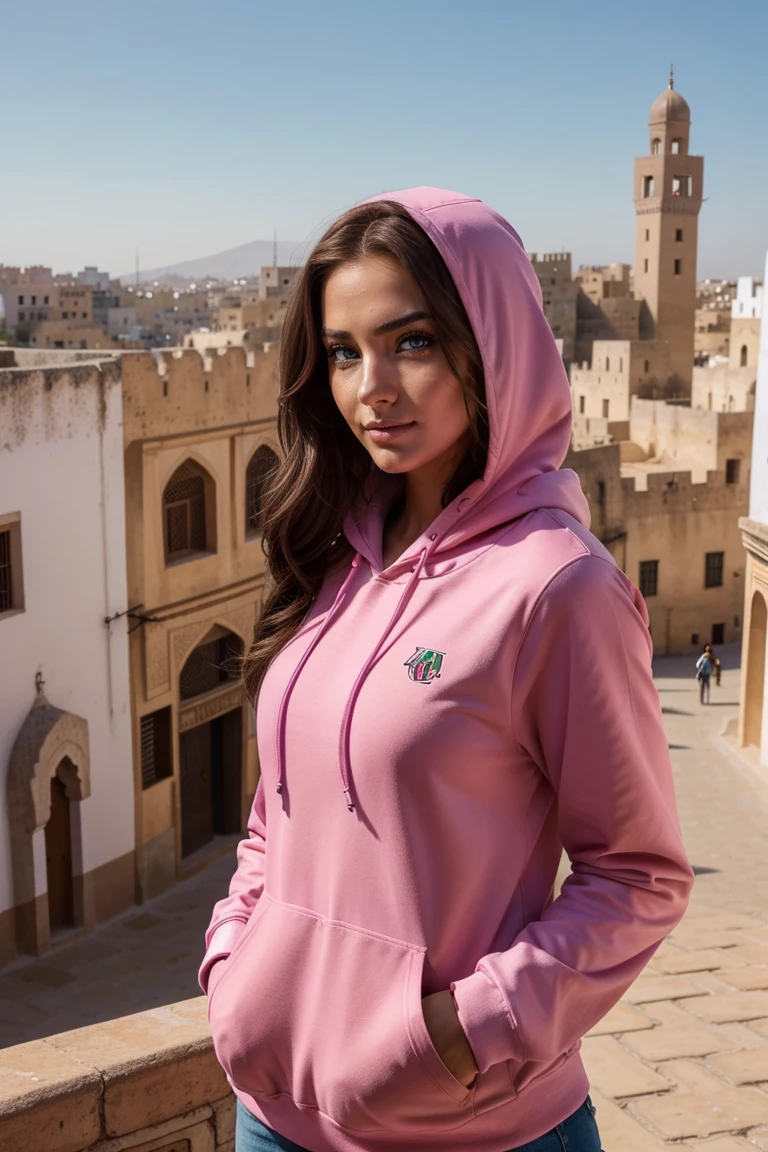 Instagram-Models posieren in Fes, in colorful hoodie, full entire body, beautiful detailed eyes, beautifully detailed lips, extremely detailed eyes and face, kurzes, welliges rosa Haar ((best qulaity)), ((Meisterwerk)), (detailliert), perfektes Gesicht, full entire body