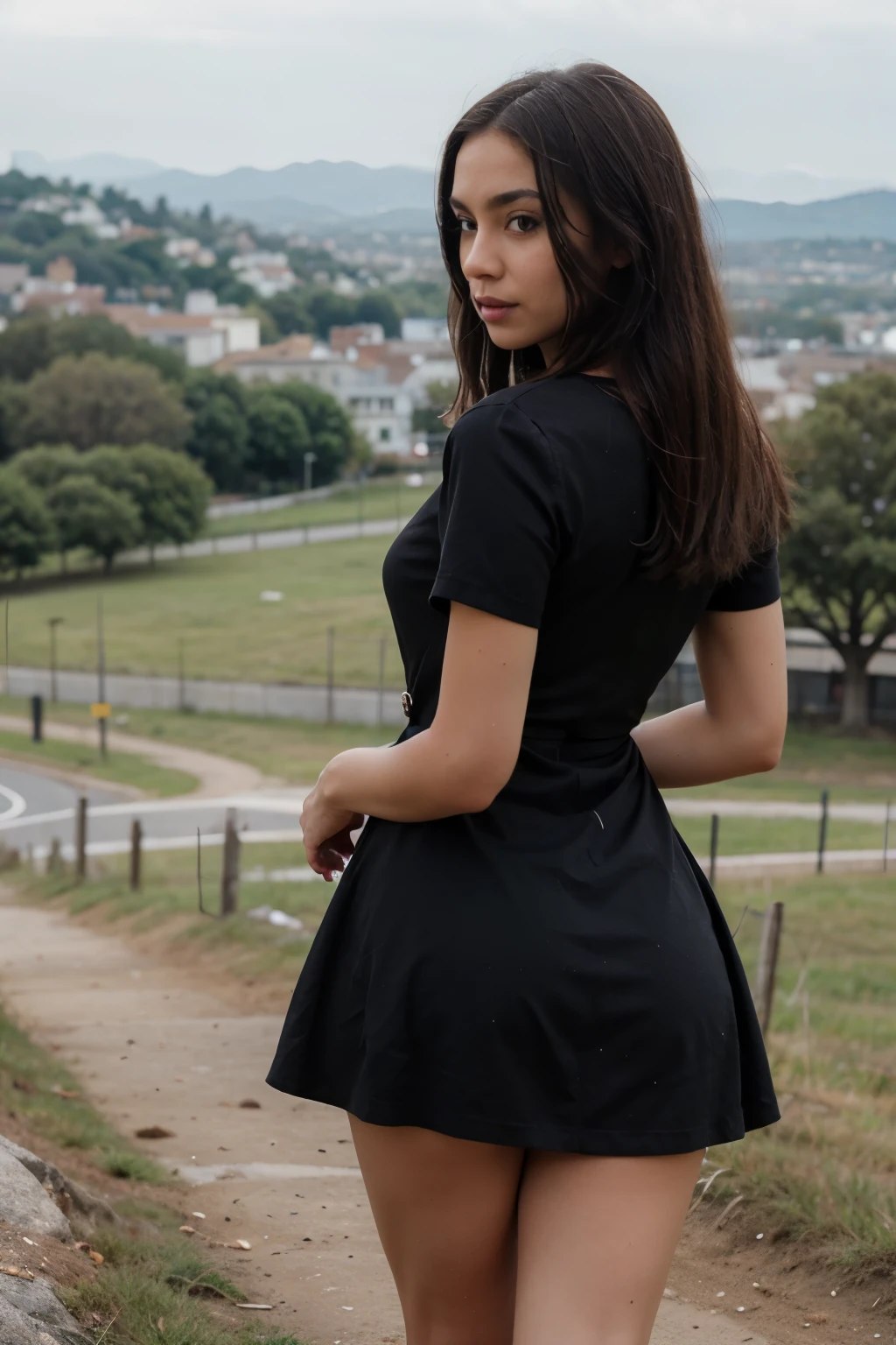 (Masterpiece:1.2, Best Quality), 1 girl, Spanish, 38 years, Delgado, slender, adjust shoulders and arms, Brown eyes, sharp eyes, Little mom, Leaning forward, in front of the viewer, dress, strappy sandals, blouse down, messy black hair, nature, serene spaces, on a stone, with Barcelona in the background, sacred Family, thin face, beautiful fingers,