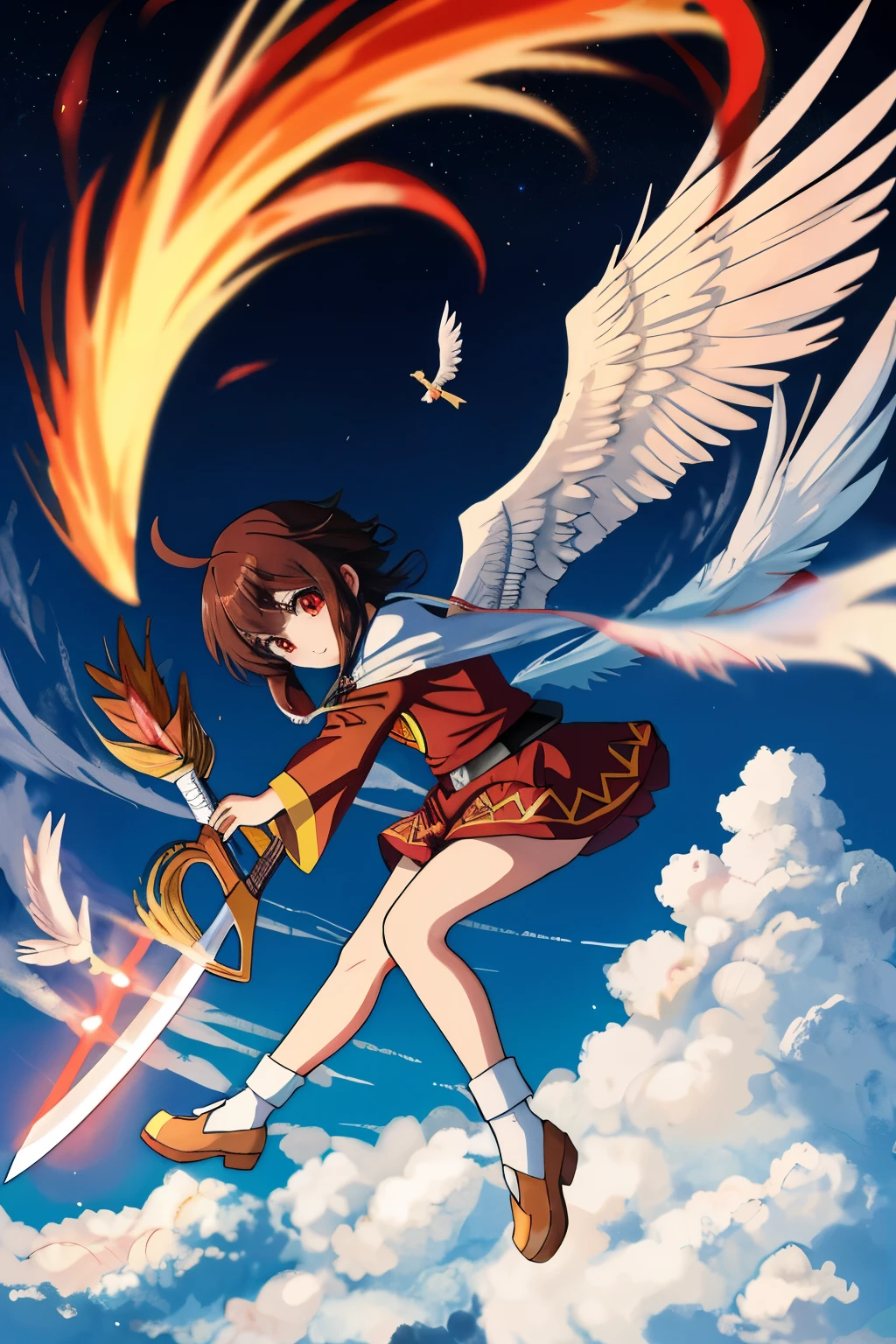 Japanese girl angel of heaven with 6 wings (Megumin)and a sword in his hand playing the trumpet of the Apocalypse above the clouds, red eyes, cabelos curtos, cabelos castanhos