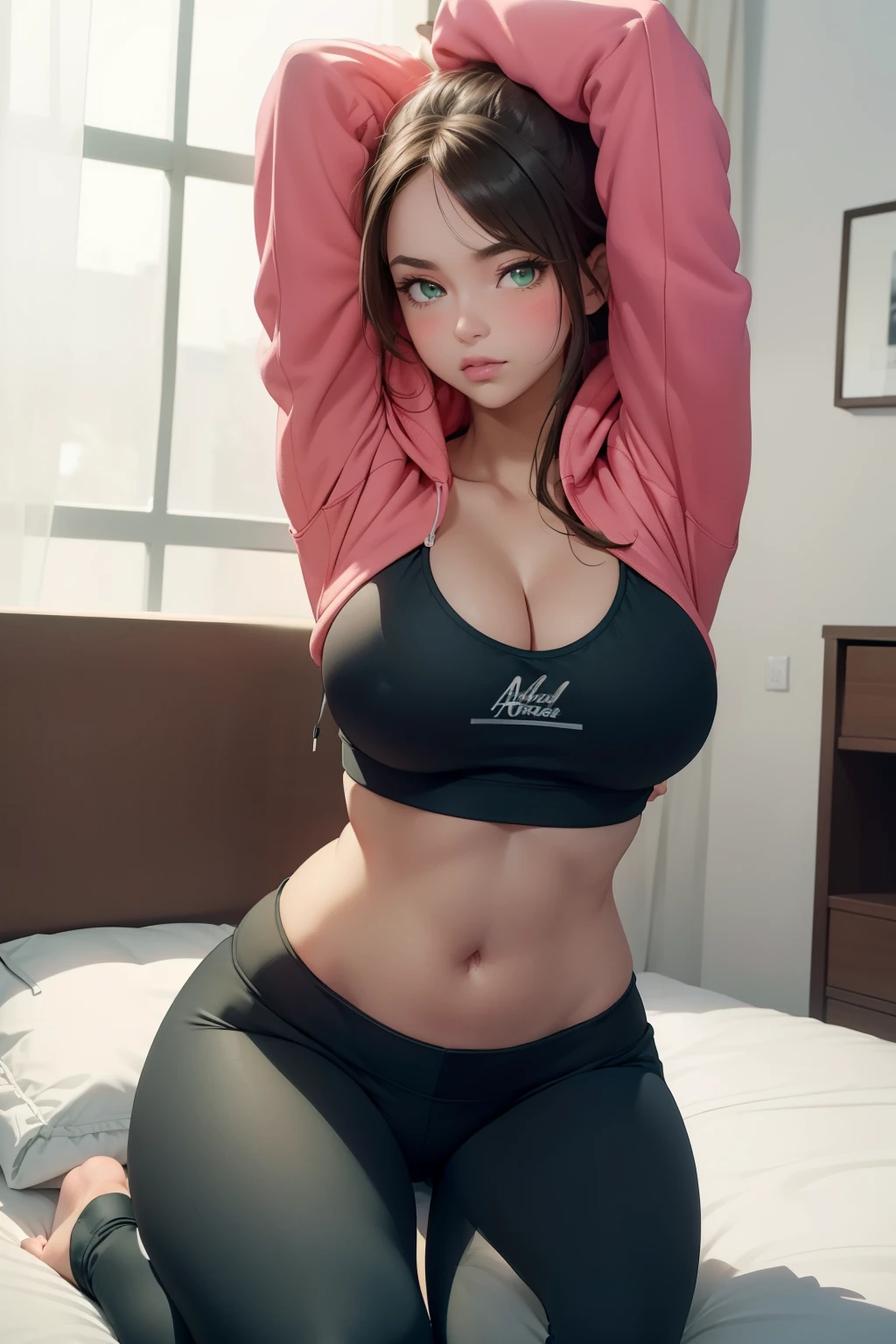 (masterpiece, best quality, cinematic, photorealistic, ultra-detailed), 1girl, bedroom, (wearing an athleisure-inspired sleep set with leggings and a matching hoodie:1.5), perfect hands, perfect face, (coral lips, puffy lips, thick lips:1.2), (bursting breasts, large cleavage:1.4), (medium shot:1.5), (light caramel hair, high bun hairstyle), wide hips, thick thigh, round ass, showing the armpit, hands on the chin, seductive pose, (green eyes, detailed pupils), (crouching on the bed, seductive pose), blushing