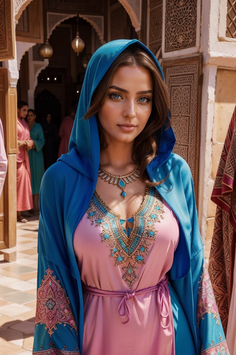 Instagram-Models posieren in Marakesh souk, in colorful kaftan hoodie, full entire body, beautiful detailed eyes, beautifully detailed lips, extremely detailed eyes and face, kurzes, welliges rosa Haar ((best qulaity)), ((Meisterwerk)), (detailliert), perfektes Gesicht, full entire body