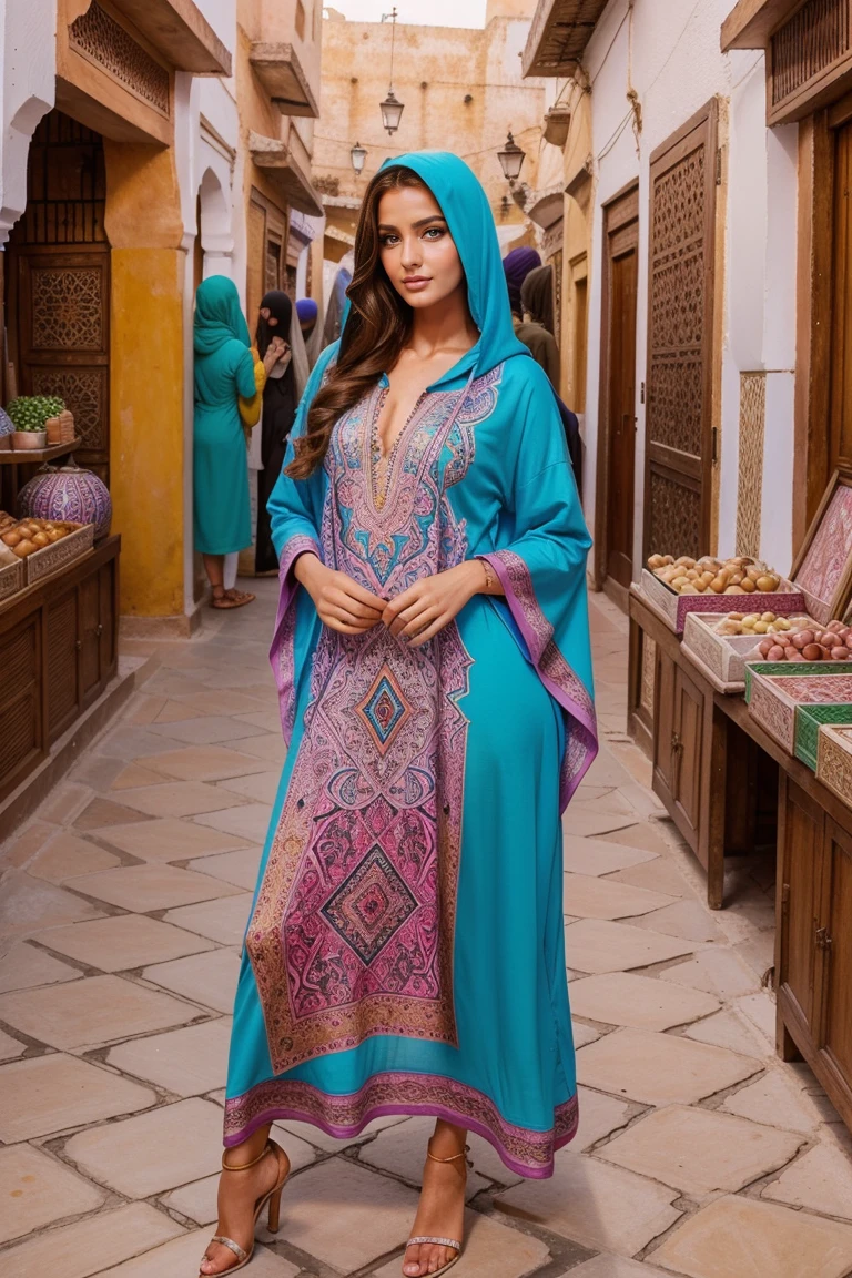 Instagram-Models posieren in Marakesh souk, in colorful kaftan hoodie, full entire body, beautiful detailed eyes, beautifully detailed lips, extremely detailed eyes and face, kurzes, welliges rosa Haar ((best qulaity)), ((Meisterwerk)), (detailliert), perfektes Gesicht, full entire body