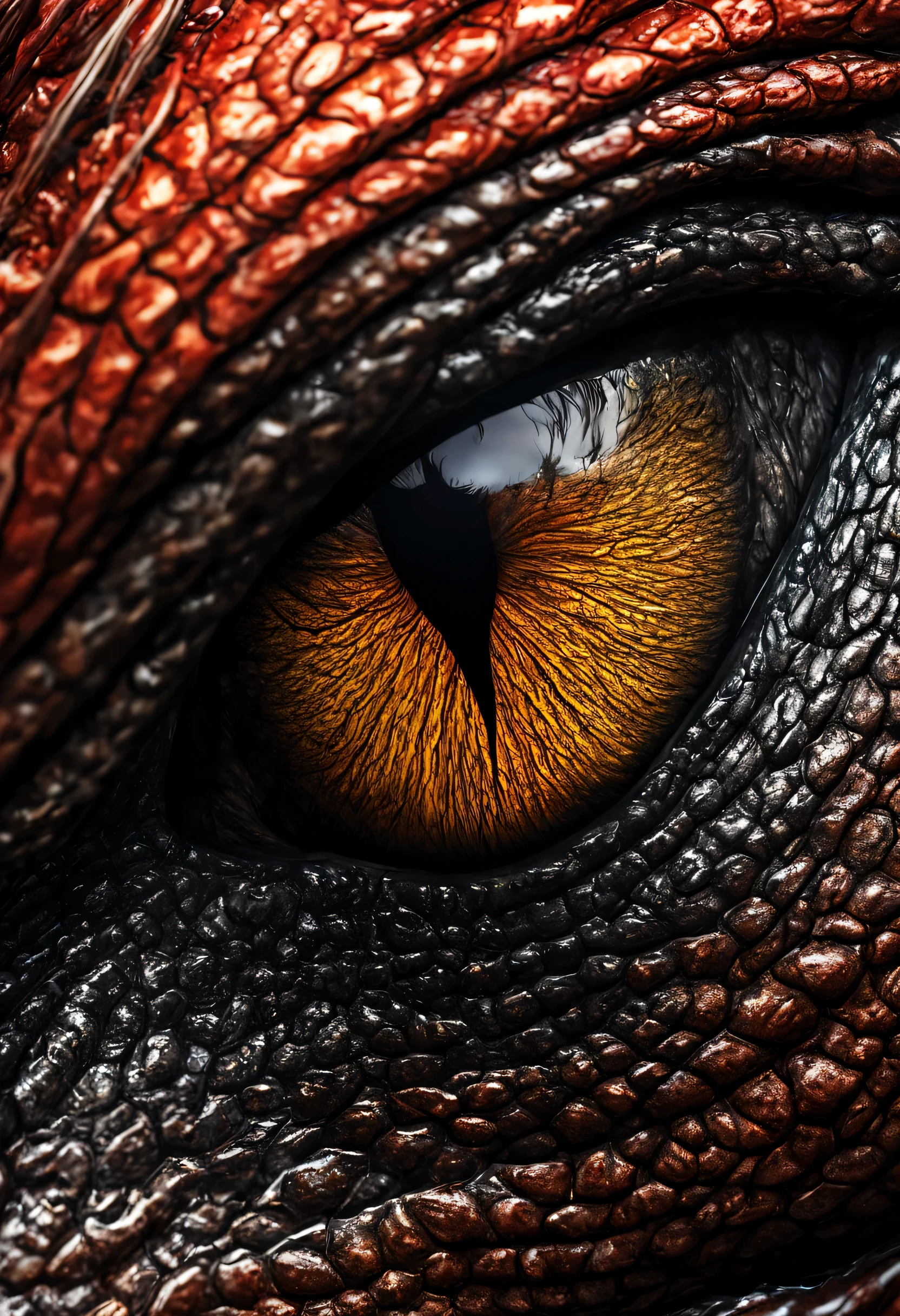 an ultra macro image of the realistic and detailed eye of a dragon. We see all the textures and colors