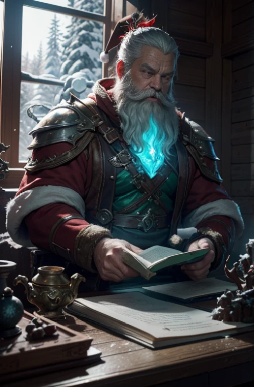 a closeup . Fine detalised. Table in the snowy forest. Santa Claus reads papers at the table. Facing the camera. Sitting at a big, solid desk. Reading letters. A big stack of letters. Long gray beard, kind eyes. On the table is a small statue of a green dragon. Candles are burning everywhere and snow is falling , artist unknown, from league of legends, trending on cgstation, Winter concept art, fantasy art behance, trending on artstation pixiv, fantasy art style, RossDraws Global Illumination, best of artstation, by Kanbun Master, Yang J, detailed fanart