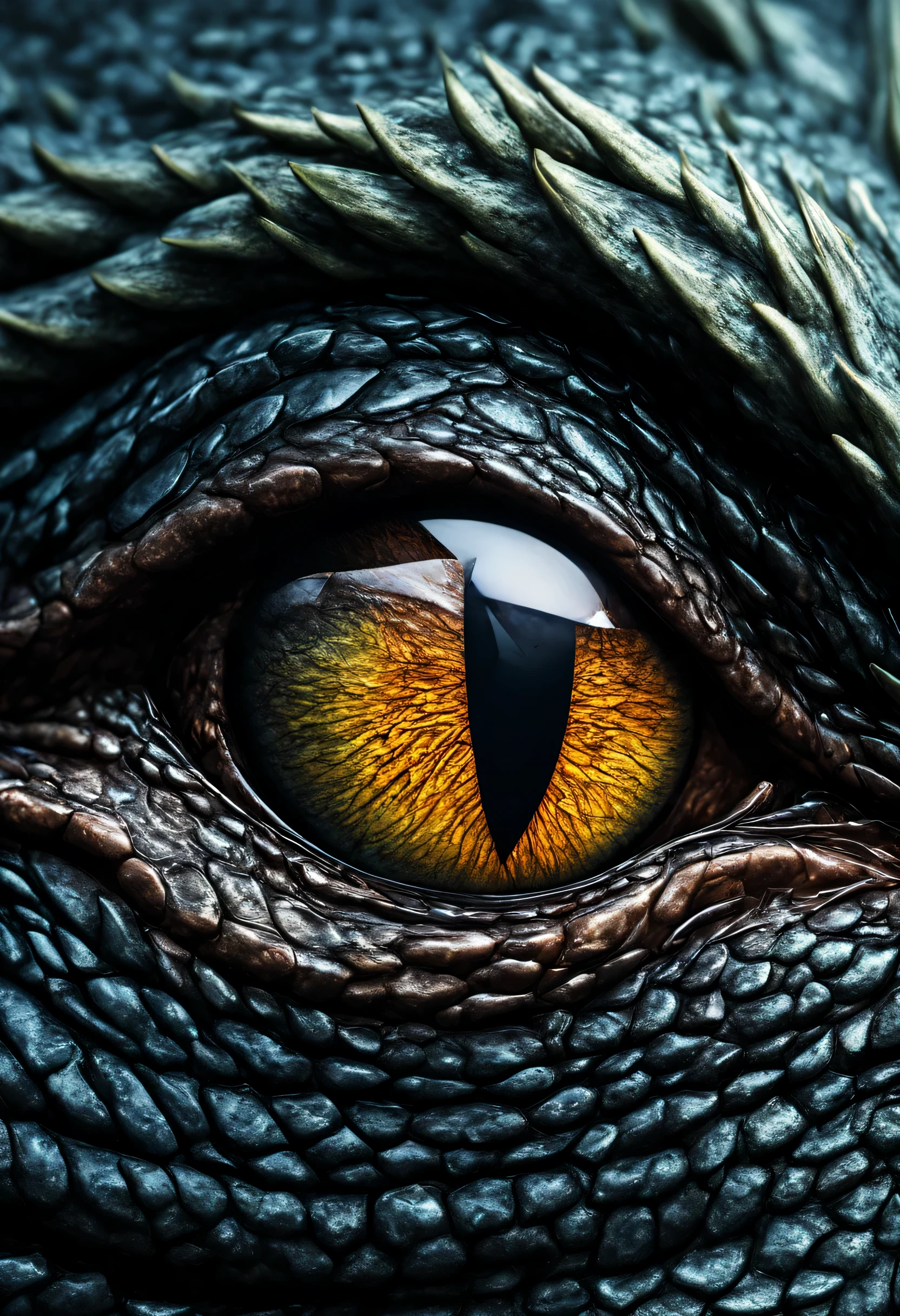 an ultra macro image of the realistic and detailed eye of a dragon. We see all the textures and colors