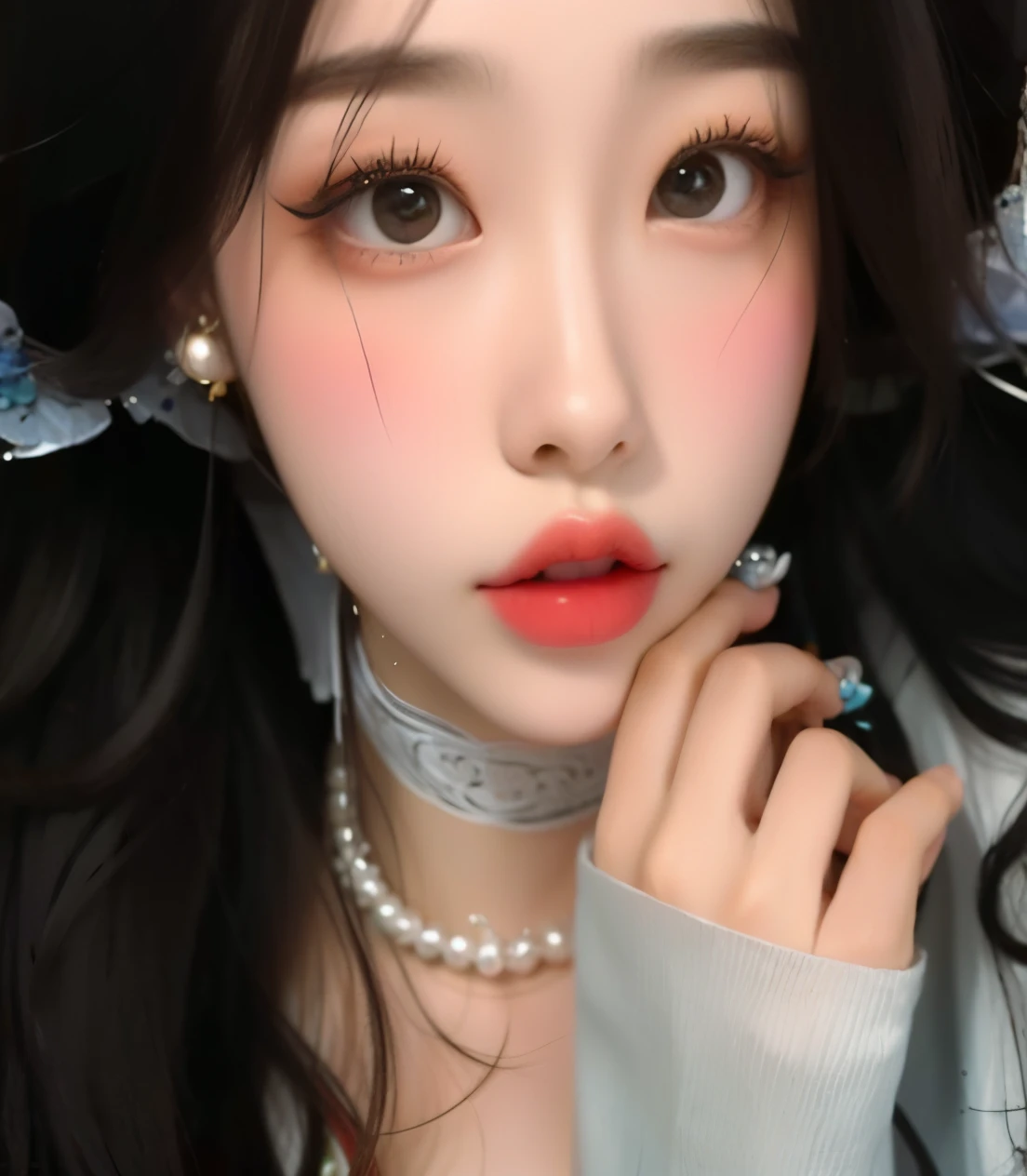 un primer plano de una mujer con un collar de perlas y un collar de perlas, Joven y adorable rostro coreano, maquillaje popular de Corea del Sur, maquillaje coreano popular, ulzzang, Wan adorable cara coreana, young cute wan asian face, Chica coreana, Retrato realista kawaii, cruel korean goth girl, small lips pointy nose, Cara linda clara, Beautiful aesthetic face