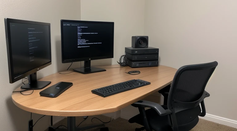 Computer table of a cyber security expert with 2 adjacent monitors, large circular table, chair with head support, backlit keyboard, podcast microphone with stand, ultra modern creative design, computer nerd, usb hub, web camera, photo taken from the back side, face not visible