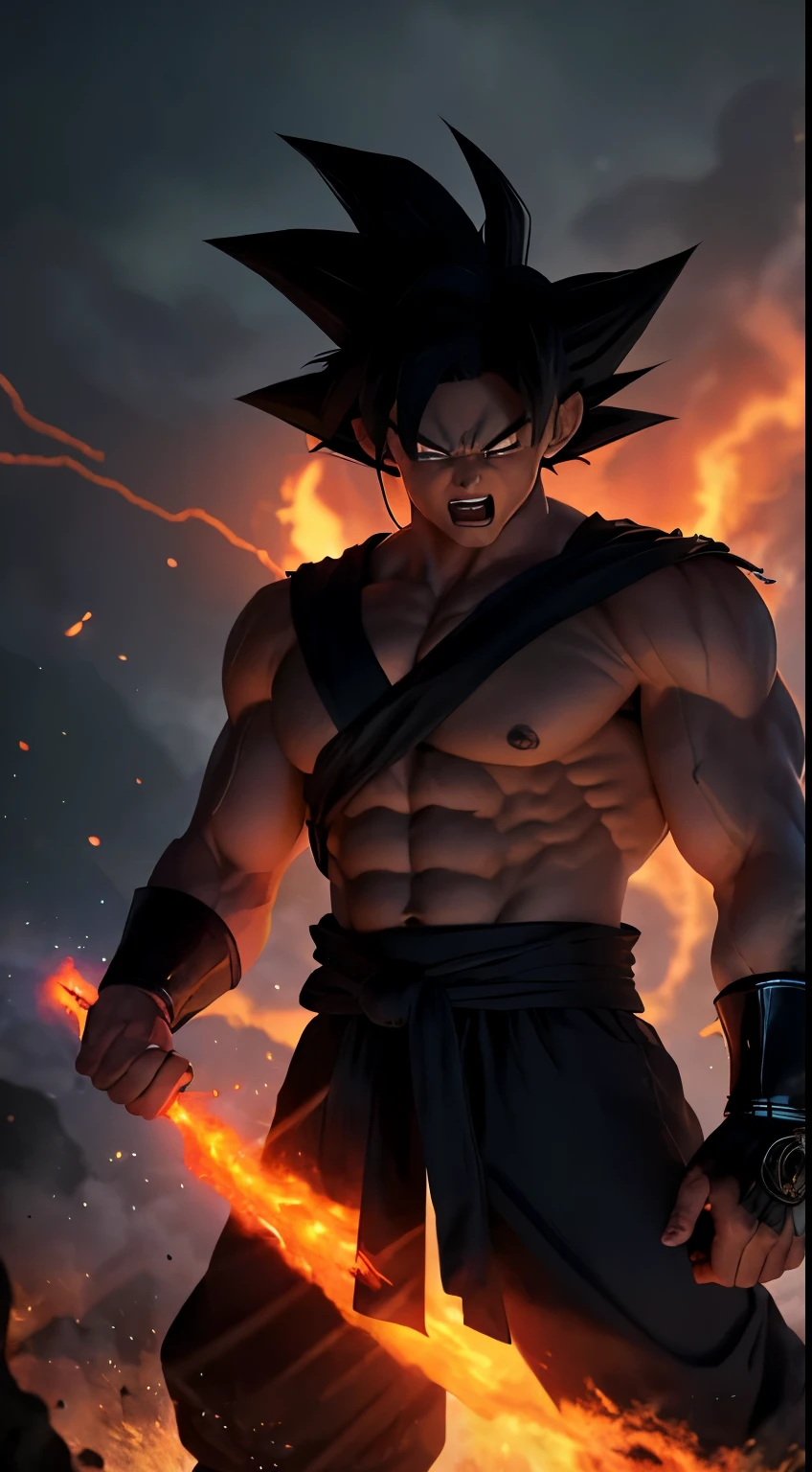 In a dark and ominous setting, high realistic details  Goku, standing tall , appears in a terrifying transformation. His eyes widen with absolute rage, and his body radiates a chilling red glow. Black smoke swirls around him, reflecting the immense energy building within. His hands shimmers with a dark hue, and a menacing smile creeps across his face. Standing firm, Goku reveals himself in his most fearsome evolution, ready to shatter any constraints and face any challenge with his newfound and terrifying power.