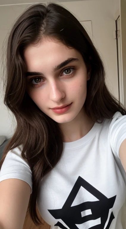 ((Front facing camera selfie)), 18 yo girl named Zahra Amiri, (straight nose), (prominent nose bridge), (female face golden ratios:1.15), long dense dark brown hair, (pale skin:1.25), (hazel eyes), thin eyebrows, high cheekbones, beautiful plump lips, big natural breasts, wearing tshirt, apartment background, smirk