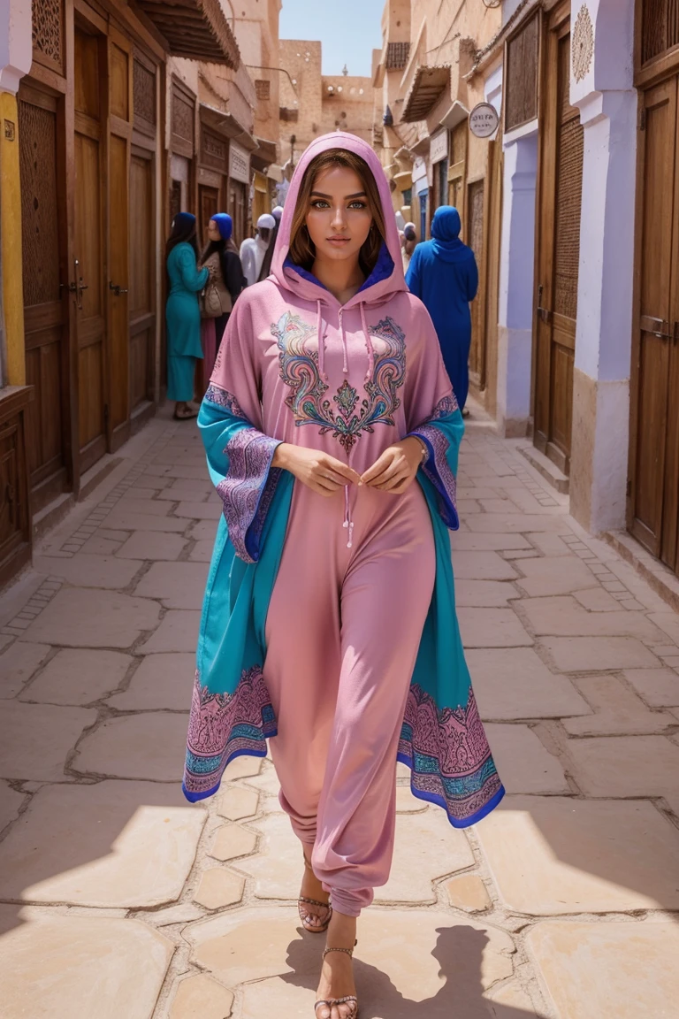 Instagram-Models posieren in Marakesh souk, in colorful futurisic kaftan hoodie, full entire body, beautiful detailed eyes, beautifully detailed lips, extremely detailed eyes and face, kurzes, welliges rosa Haar ((best qulaity)), ((Meisterwerk)), (detailliert), perfektes Gesicht, full entire body